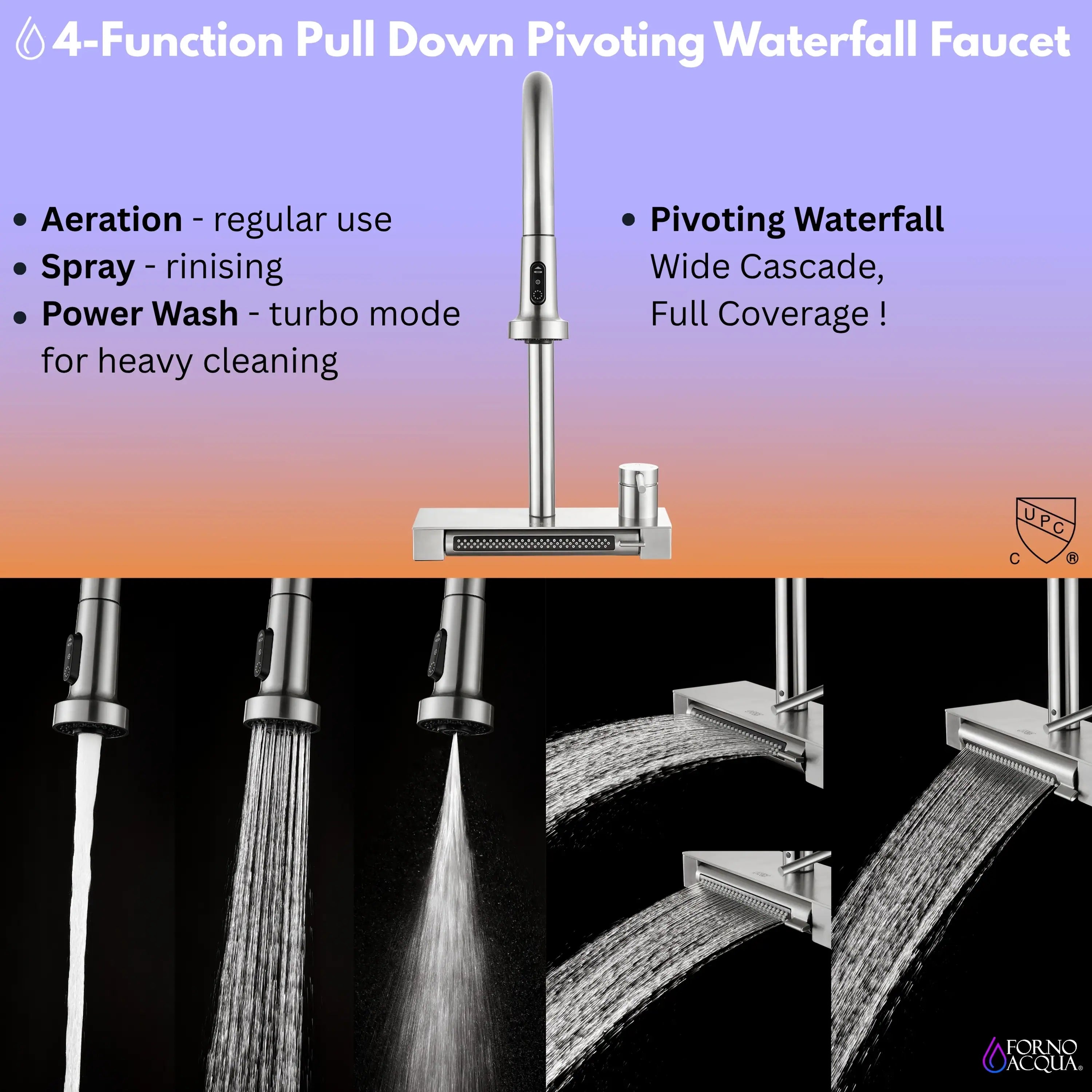 Stainless steel pull-down waterfall faucet with multi-function spray modes