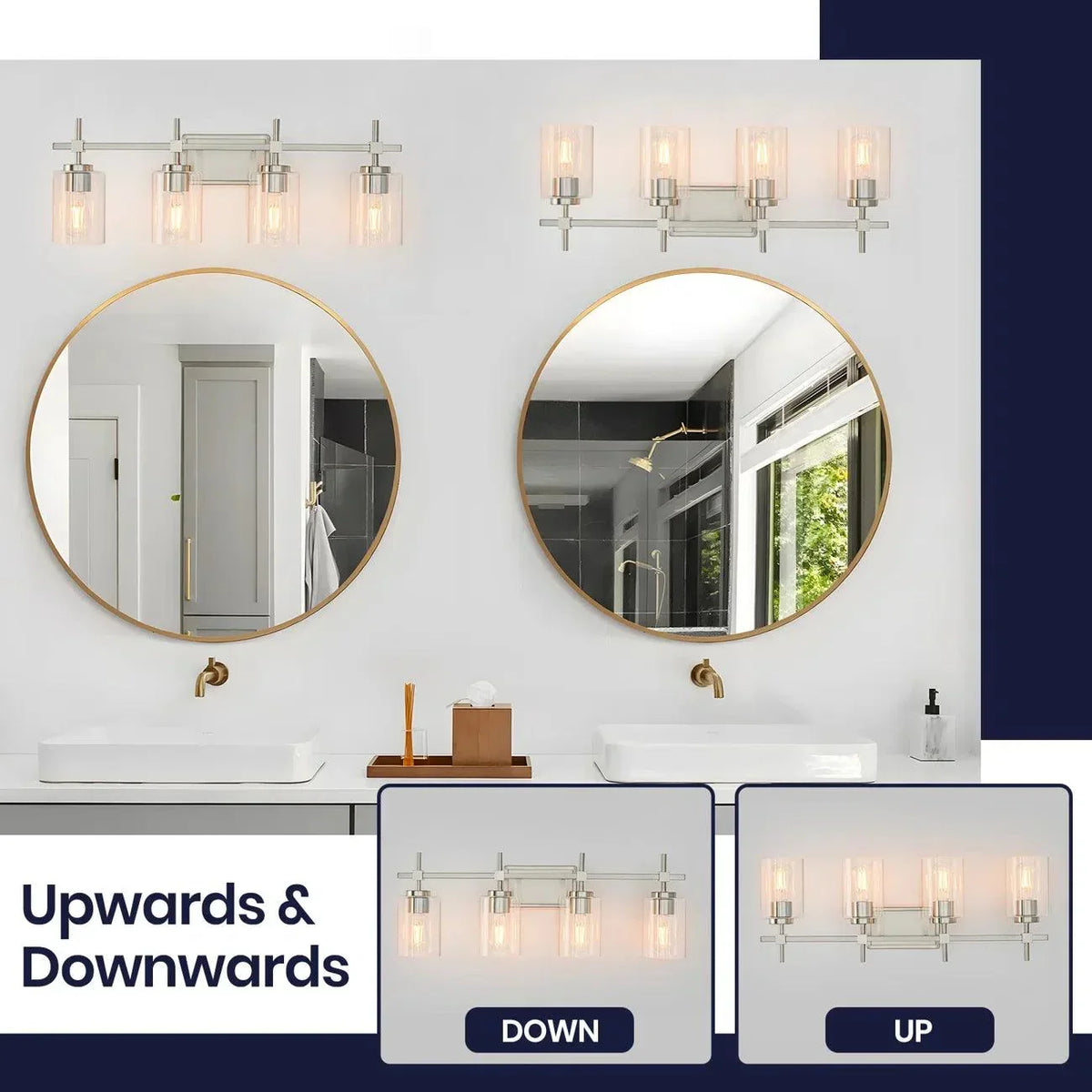 Brushed nickel 4-light vanity light with clear glass shades for up/down lighting