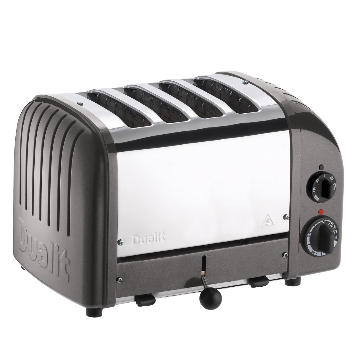Dualit 4-slice toaster in metallic charcoal, side view with browning and power dials