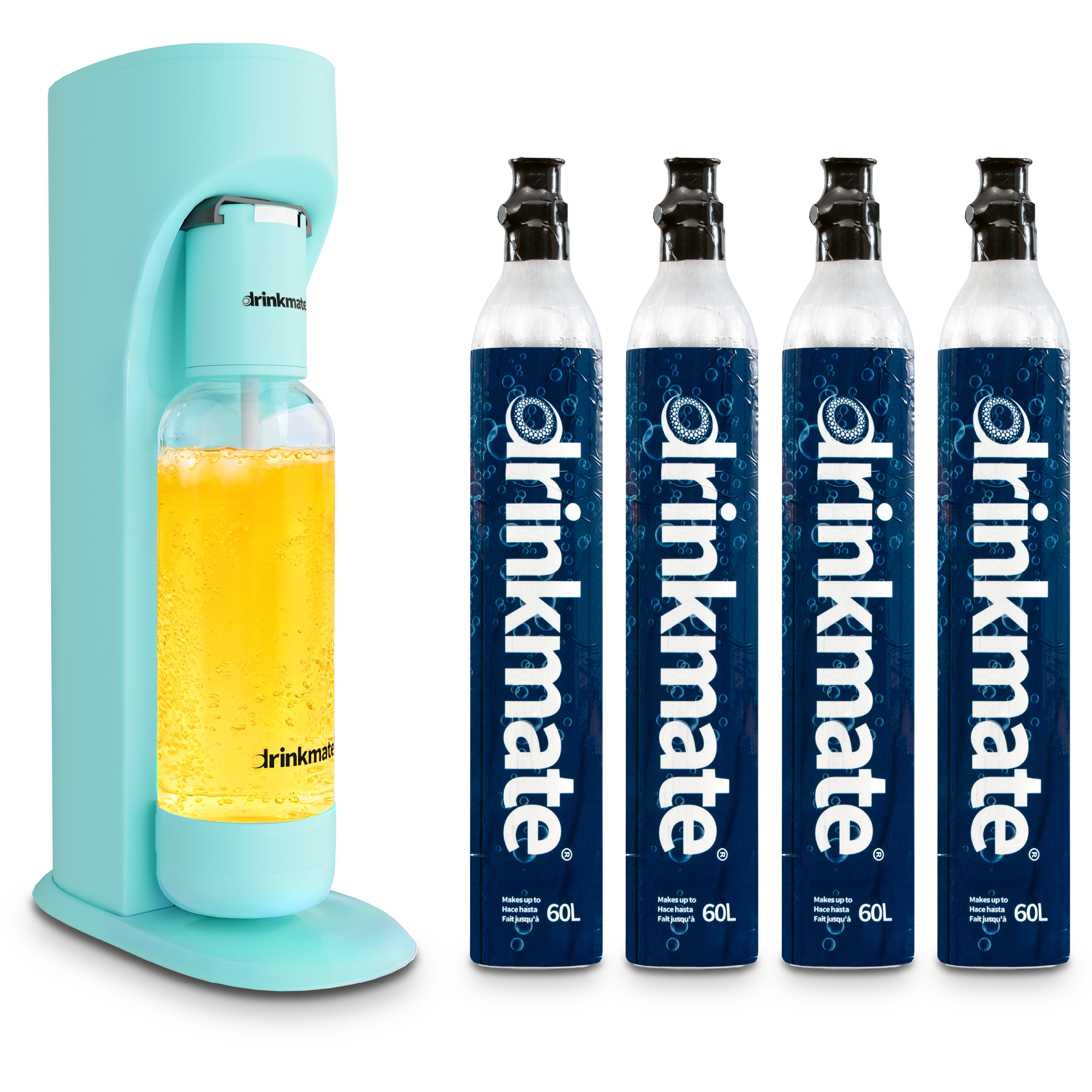 Turquoise Drinkmate sparkling water and soda maker with four blue PET bottles