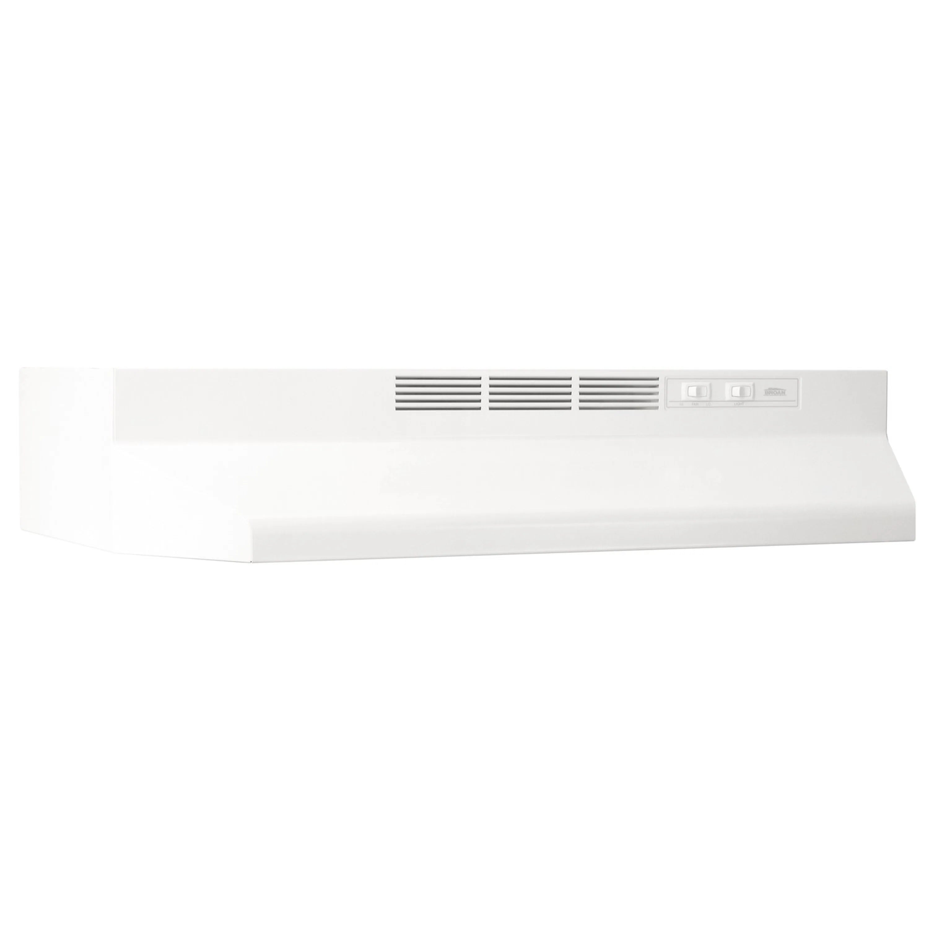 White ductless under-cabinet range hood with vent grilles and touch controls