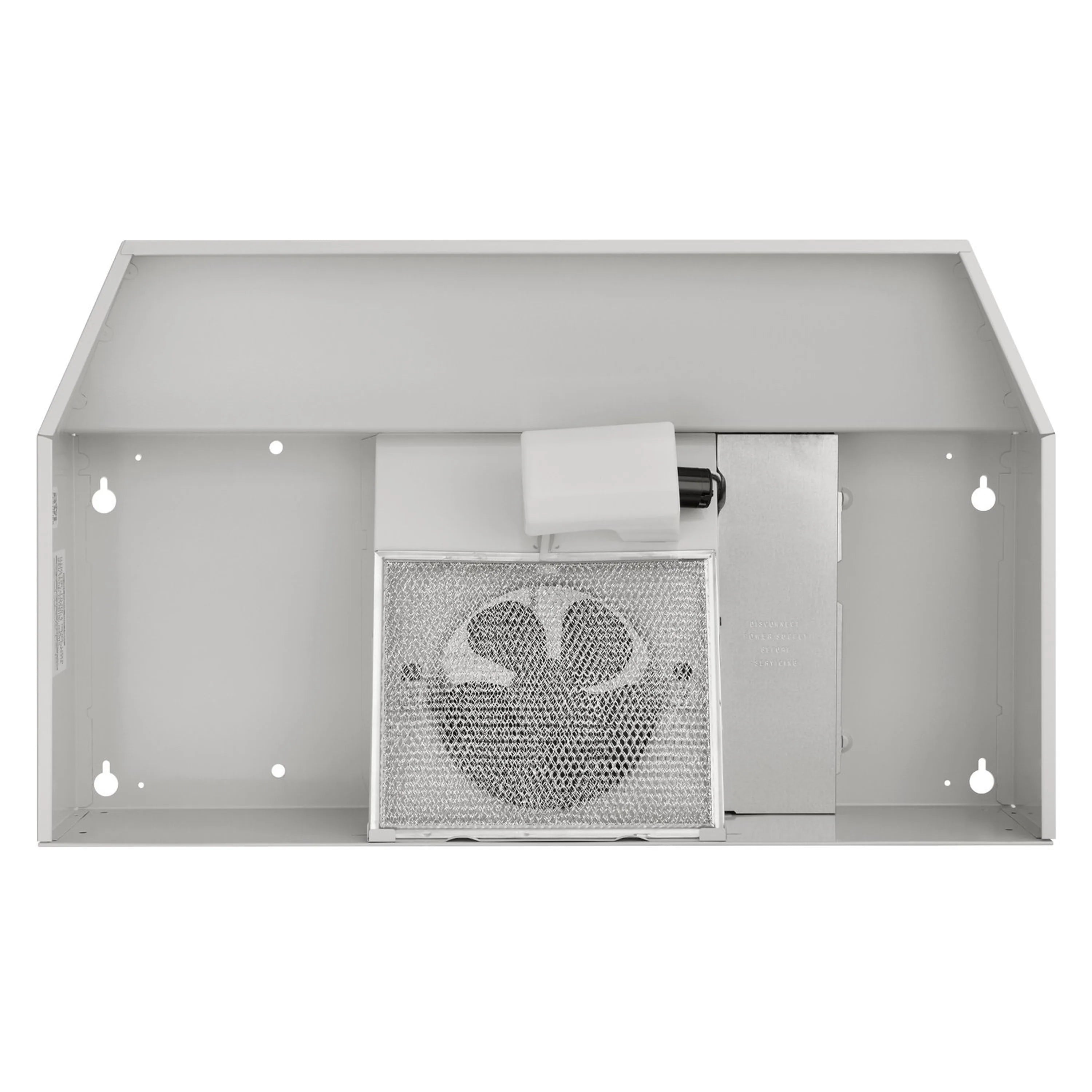 White under-cabinet range hood with open filter and visible fan housing