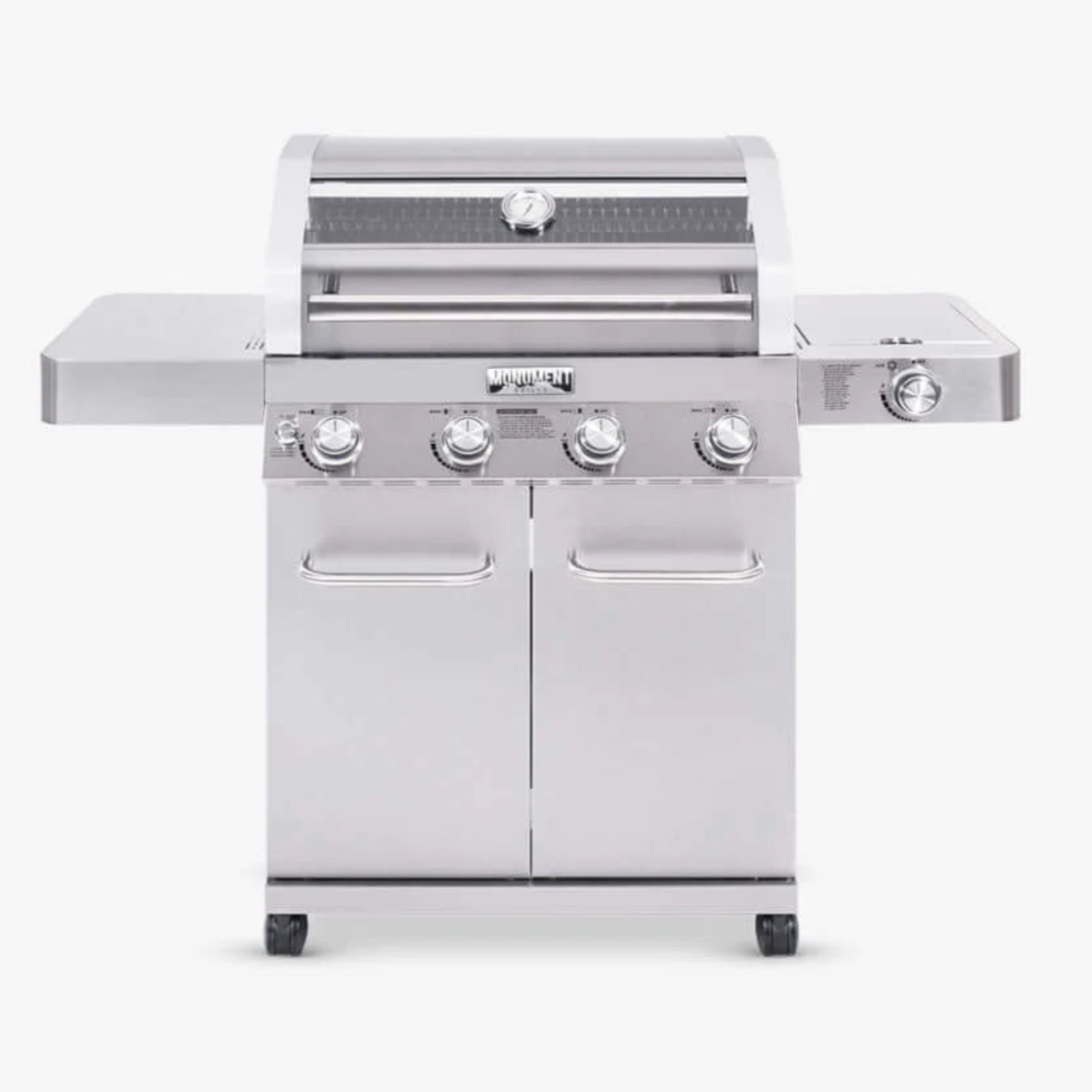 Stainless steel 4-burner gas grill with side shelves and closed lid