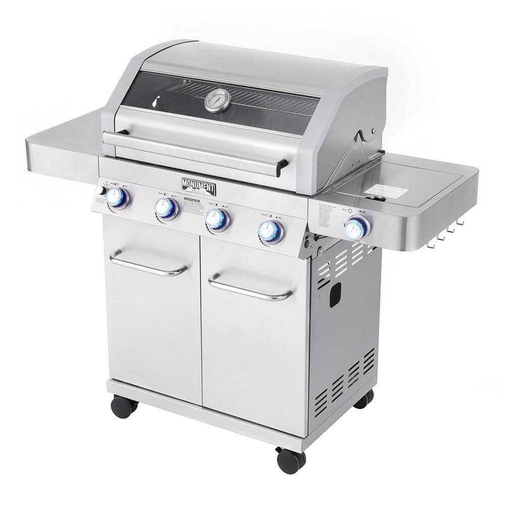 Stainless steel 4-burner gas grill with open lid and control knobs