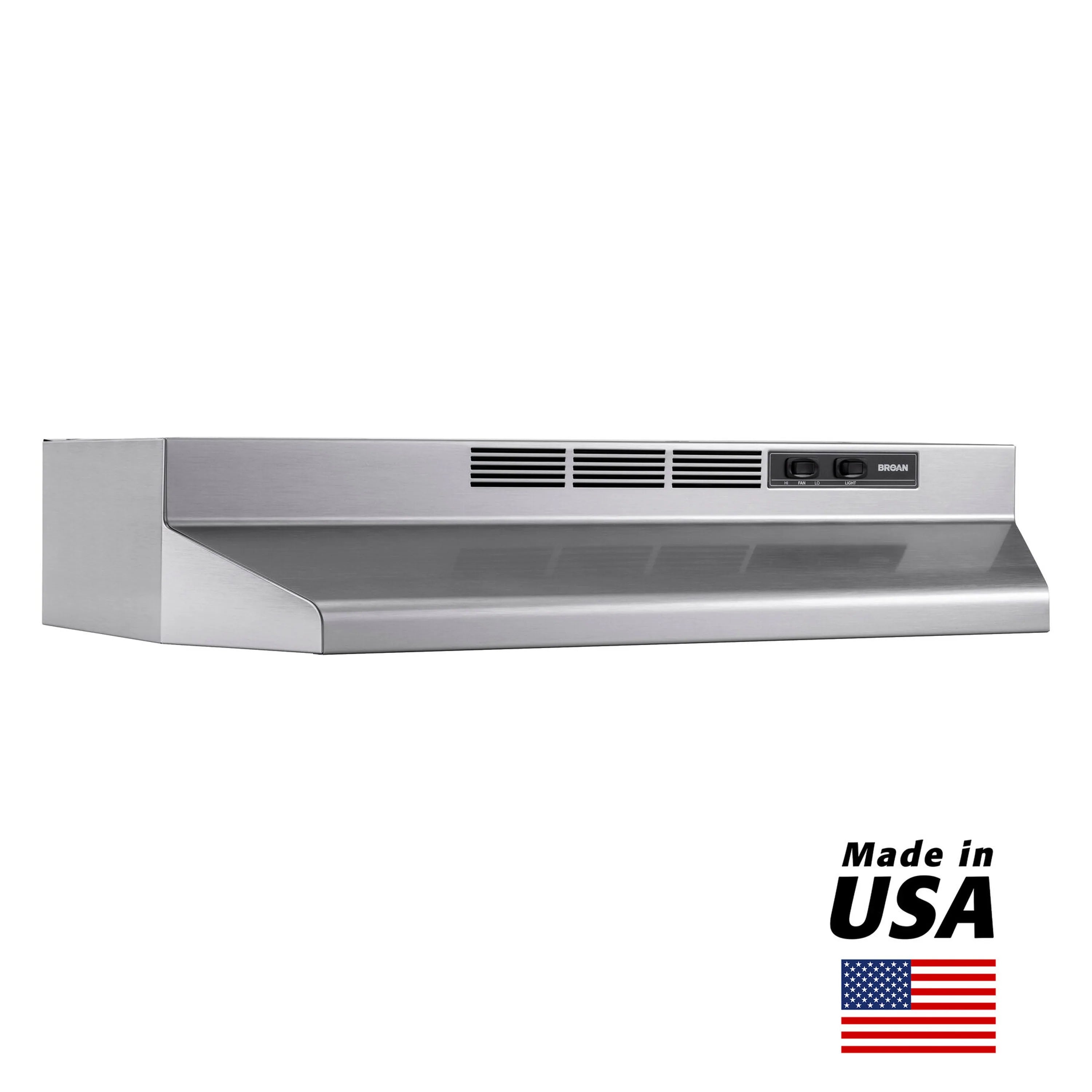 Stainless steel ductless under-cabinet range hood with front control strip