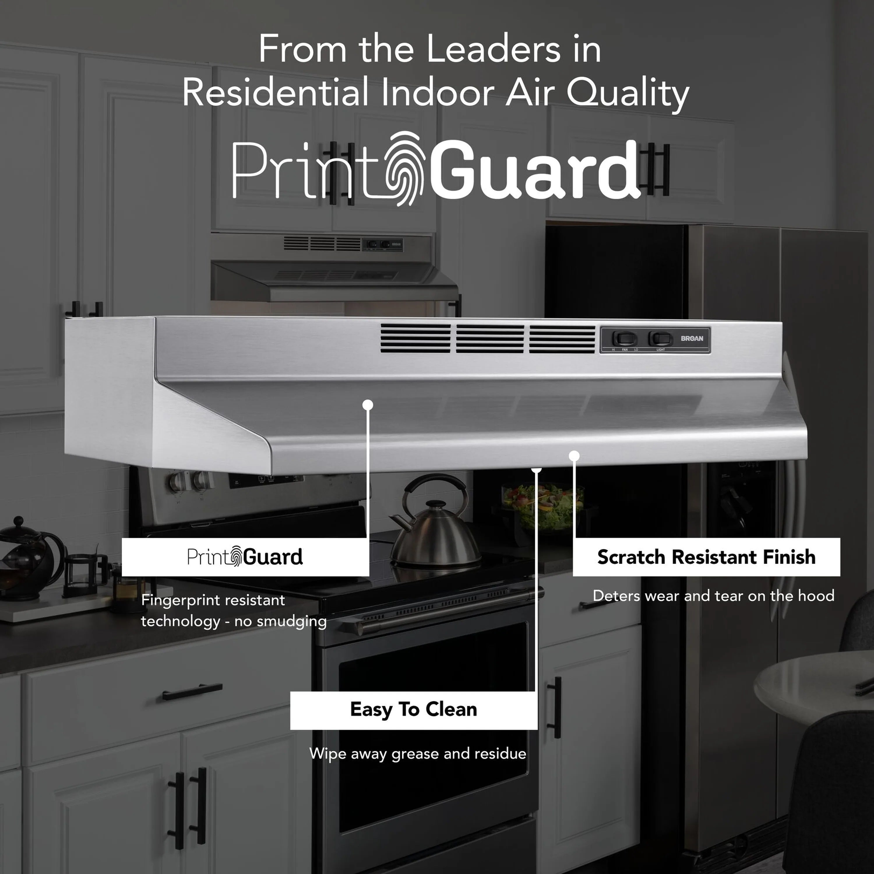 Stainless steel under-cabinet ductless range hood with visible LED light area