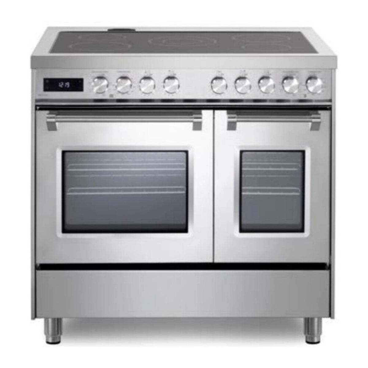 Stainless steel 36-inch electric double oven range, two glass-door ovens and radiant element knobs