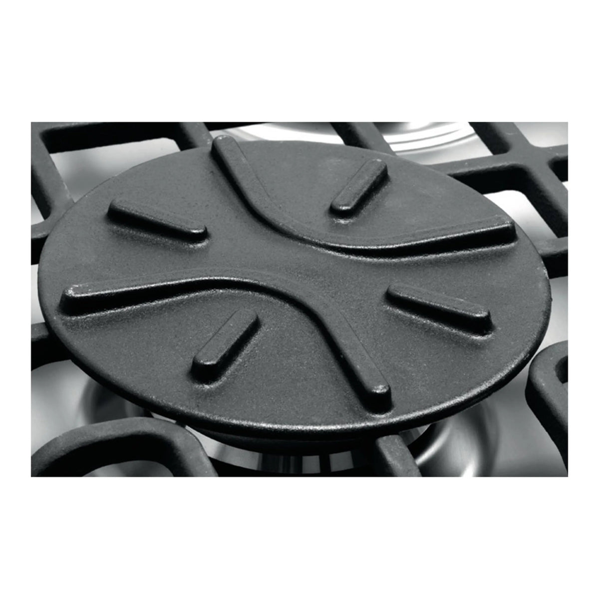 Heavy-duty cast iron simmer plate with raised cross pattern and handle notches