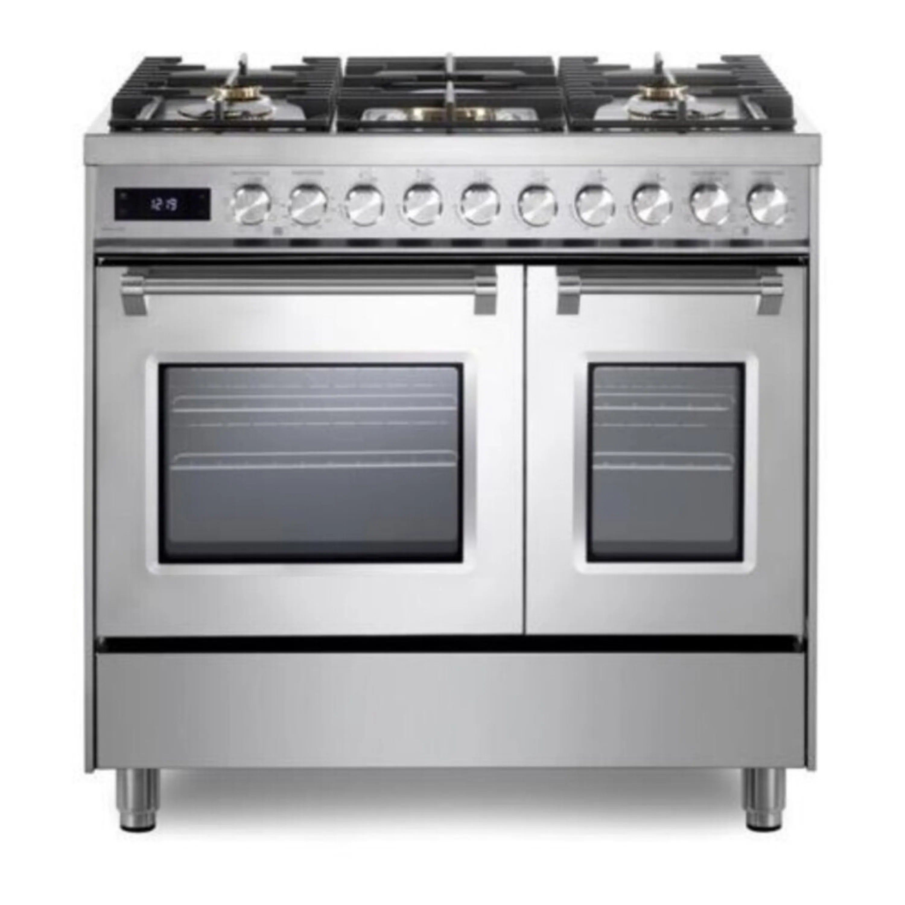 Stainless steel dual-fuel range with two ovens and five burners