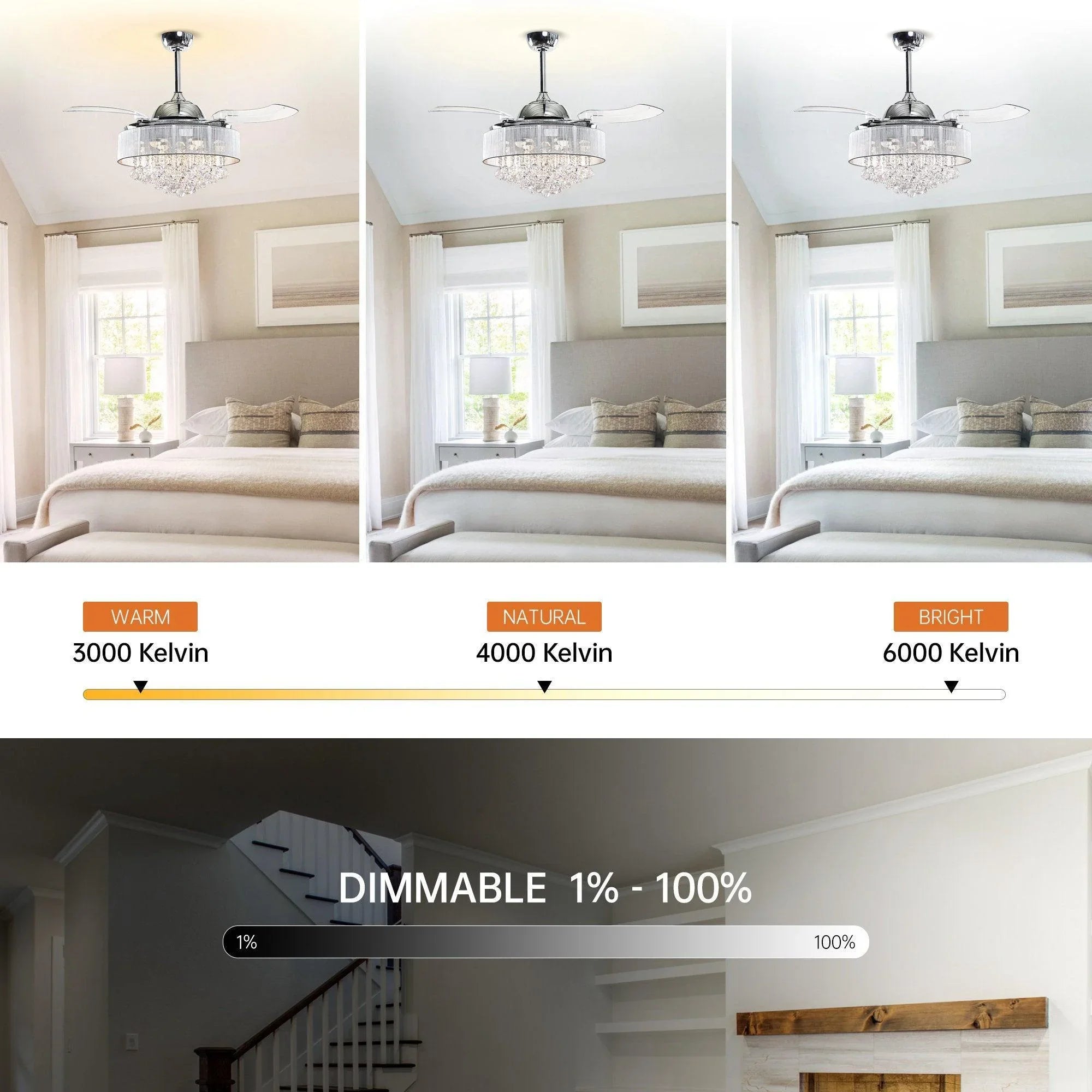 Chrome smart ceiling fan with crystal LED light and clear blades in a bright living room