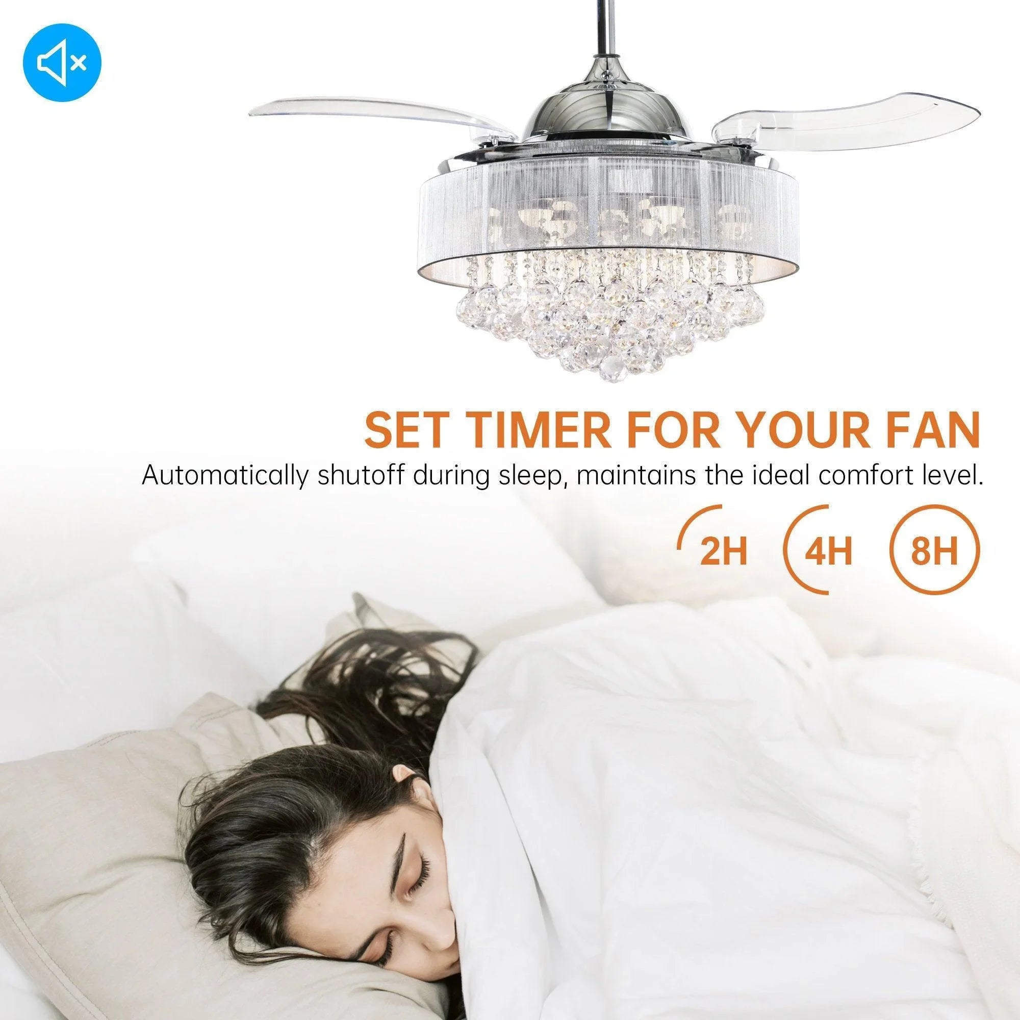 Chrome ceiling fan with crystal-style LED light and clear blades over a sleeping area