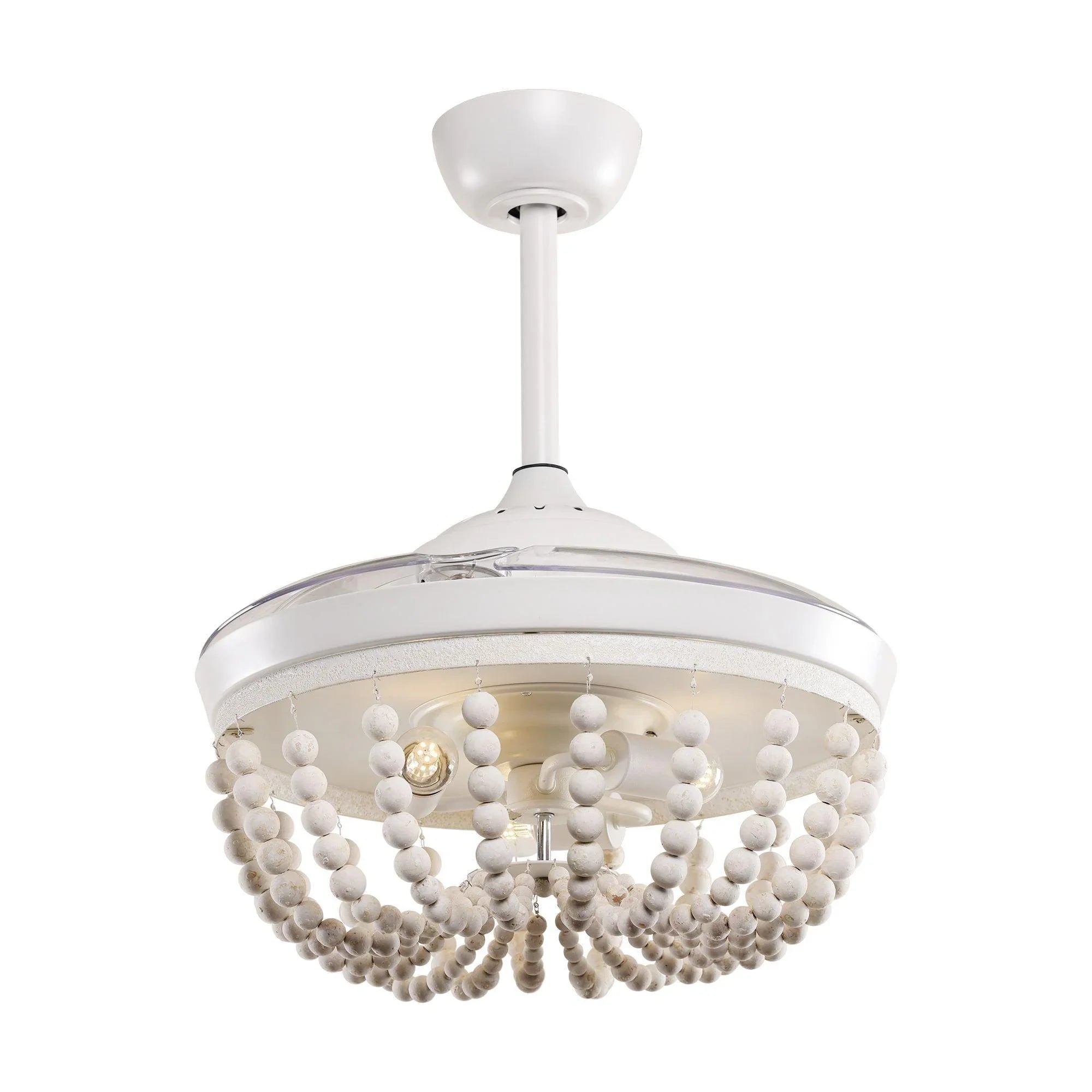 White ceiling fan with beaded wooden ball detailing and warm light center