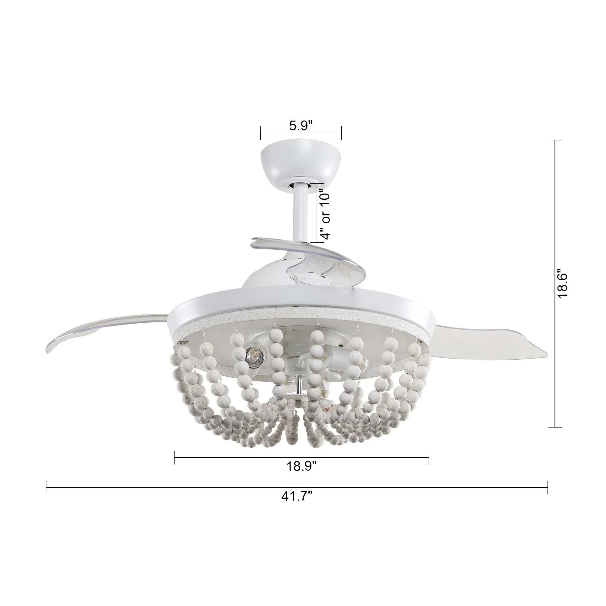 White beaded ceiling fan with globe light shown with size measurements