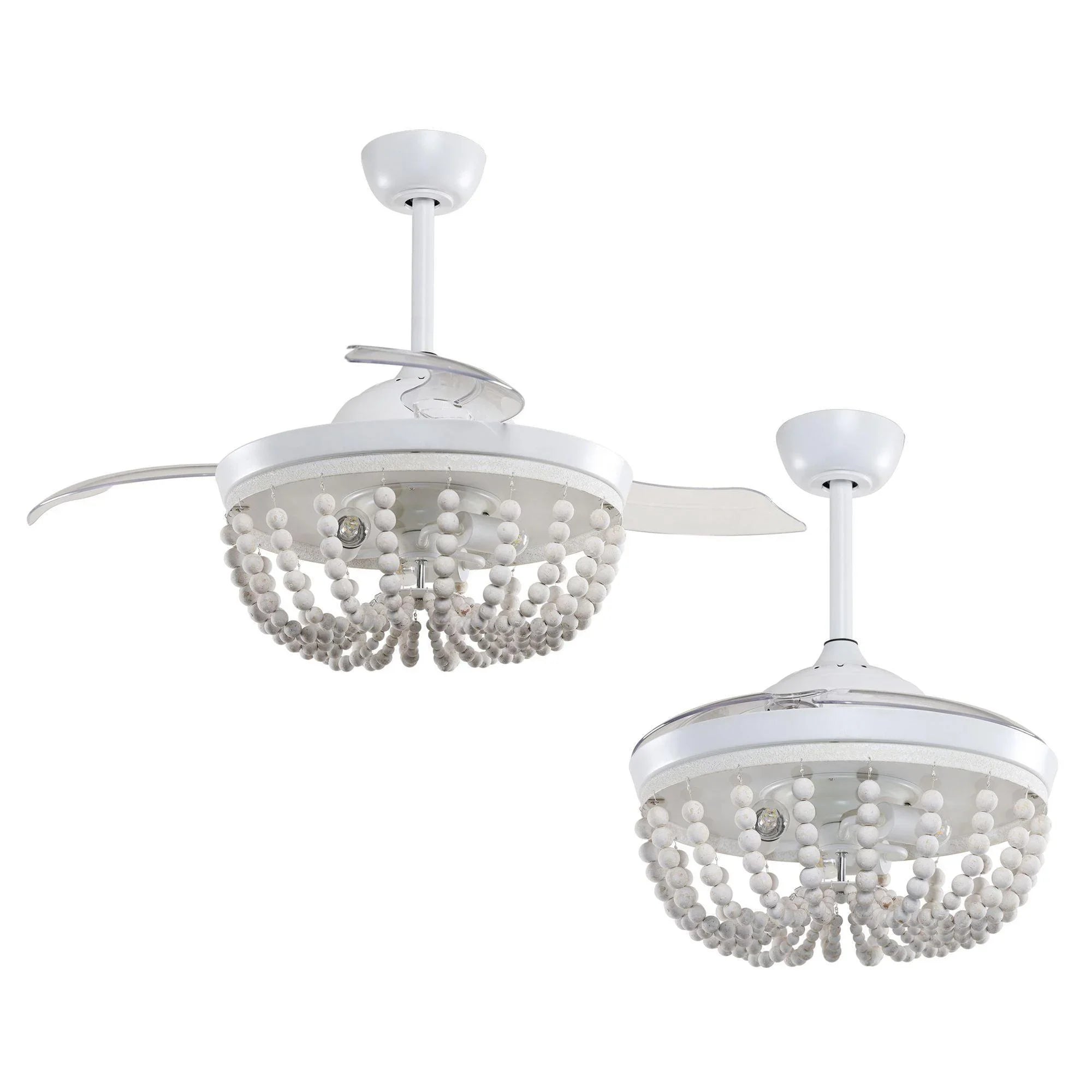 Two white beaded ceiling fans with globe light shades and long wooden fan blades