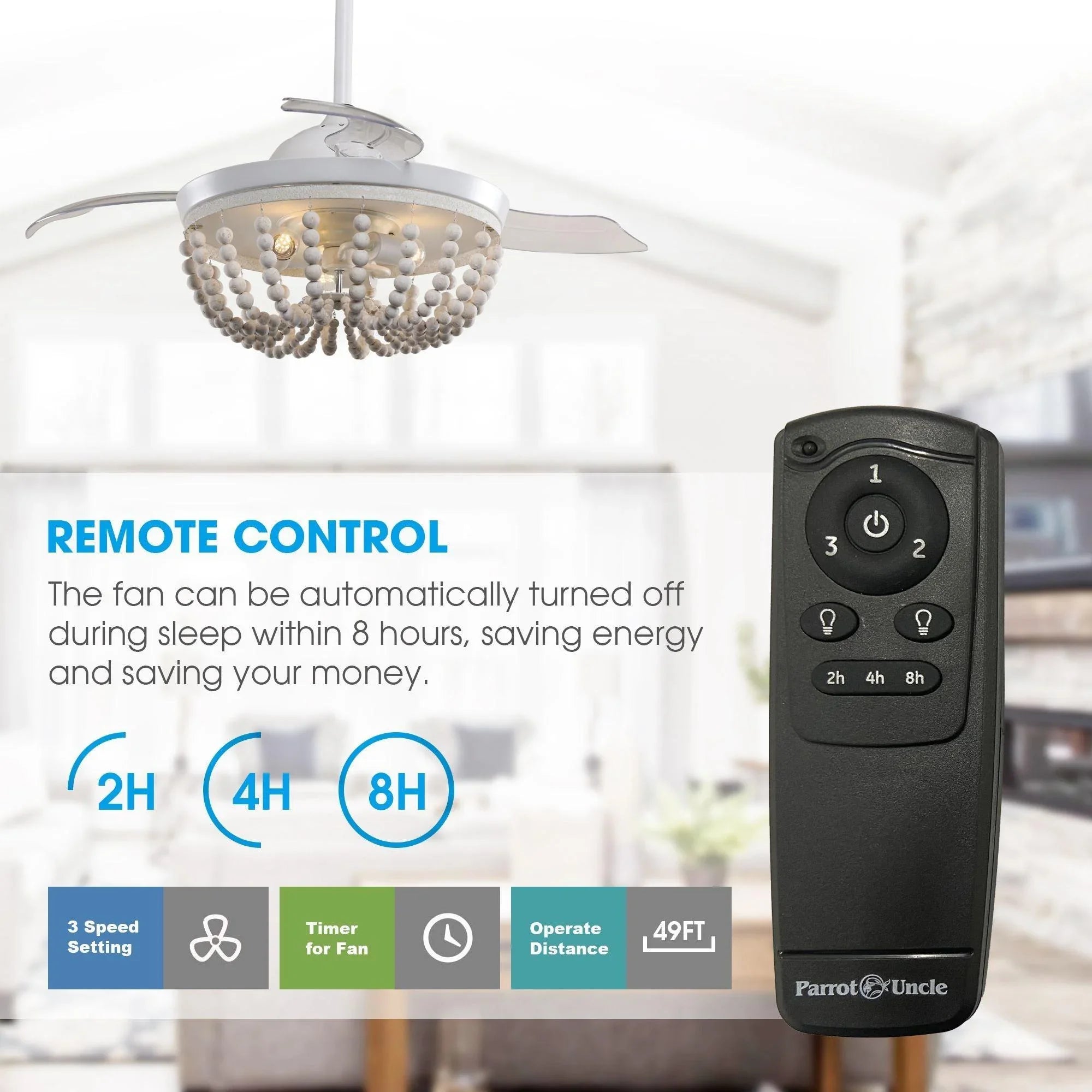 White ceiling fan with beaded globe light, shown with handheld remote control