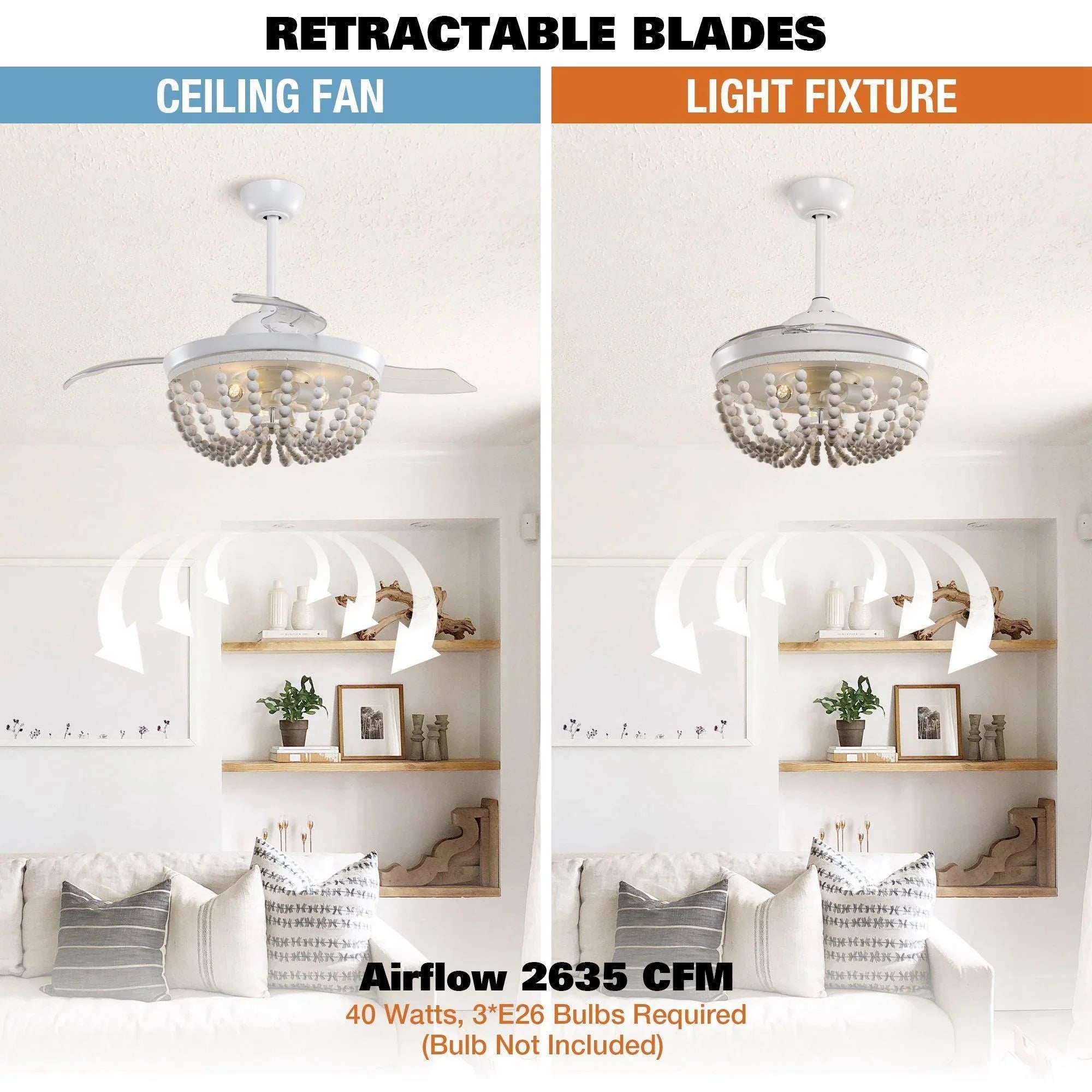 Farmhouse ceiling fan with retractable blades and beaded light fixture