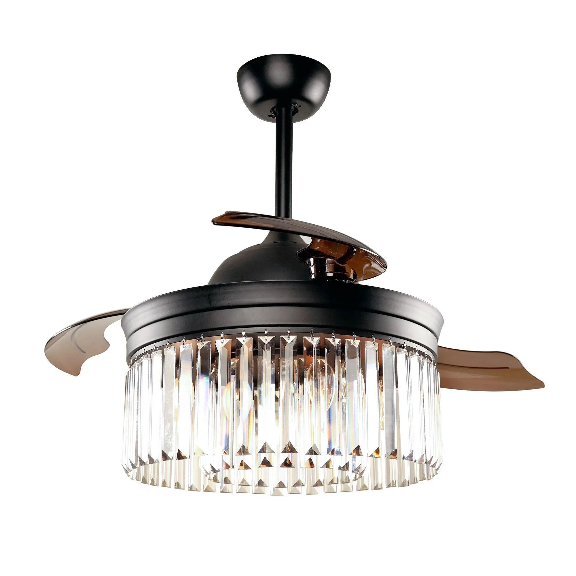 Black crystal ceiling fan with retractable blades and circular glass light fixture