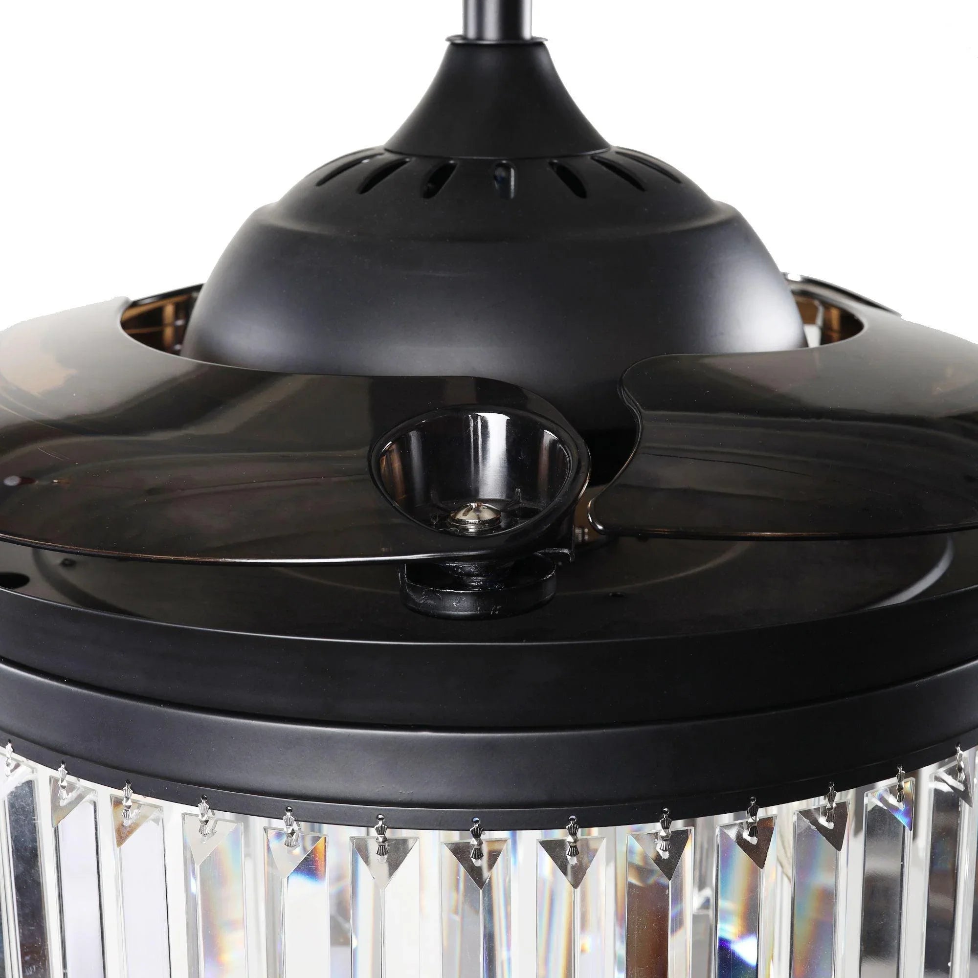 Black ceiling fan light fixture with crystal prisms and central motor housing