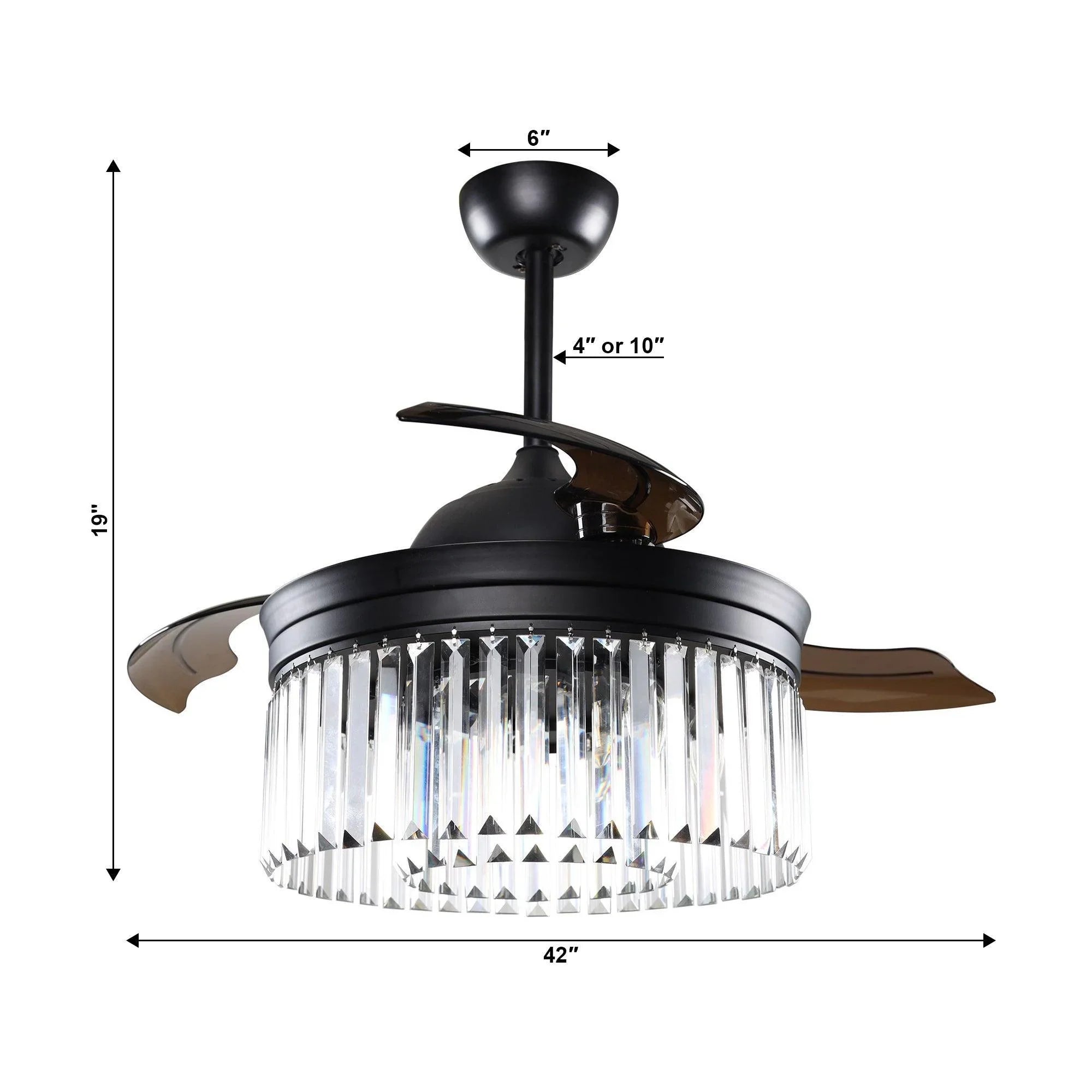 Black ceiling fan with clear crystal drum light and three curved blades