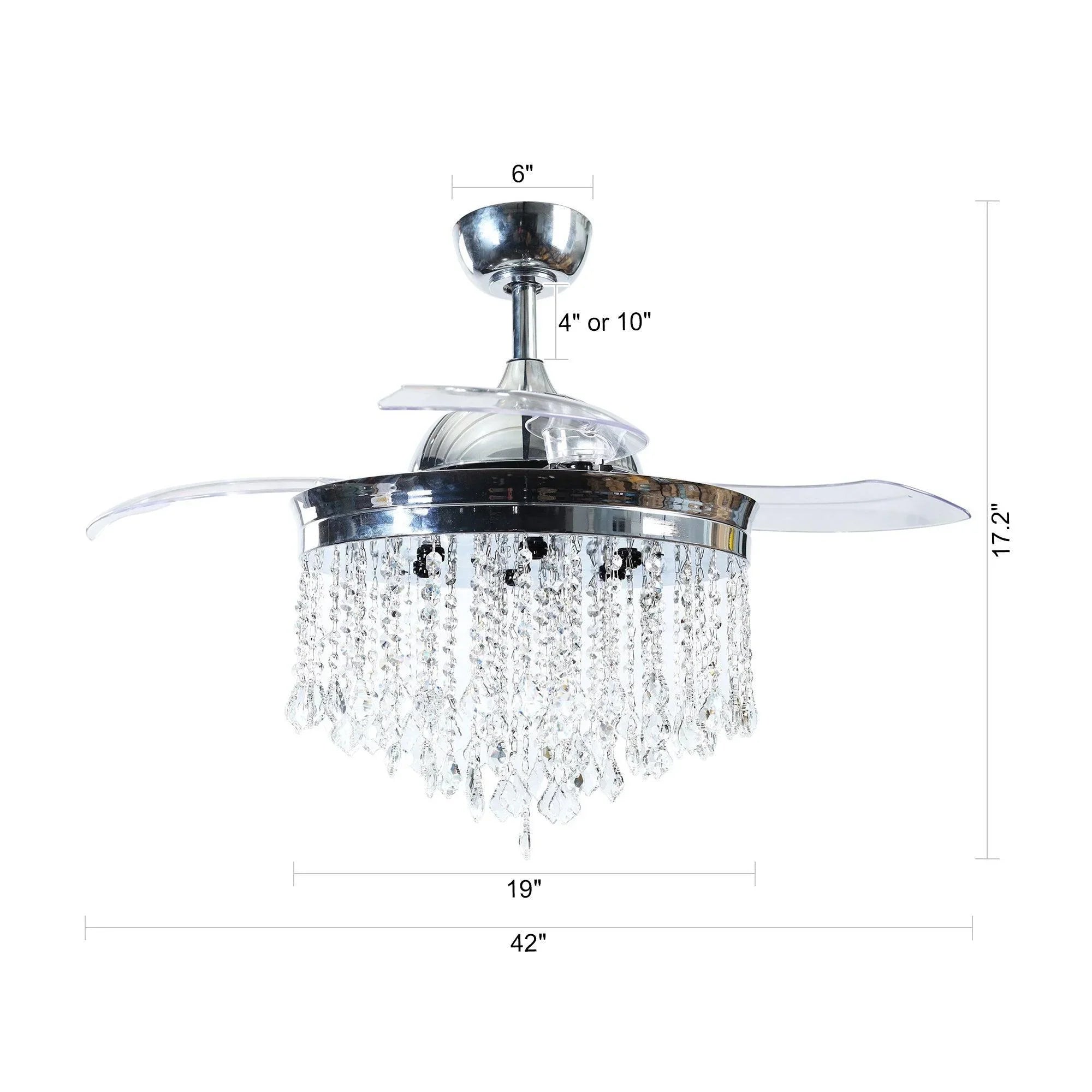 Chrome ceiling fan with crystal chandelier-style light and retractable blades, 42-inch width