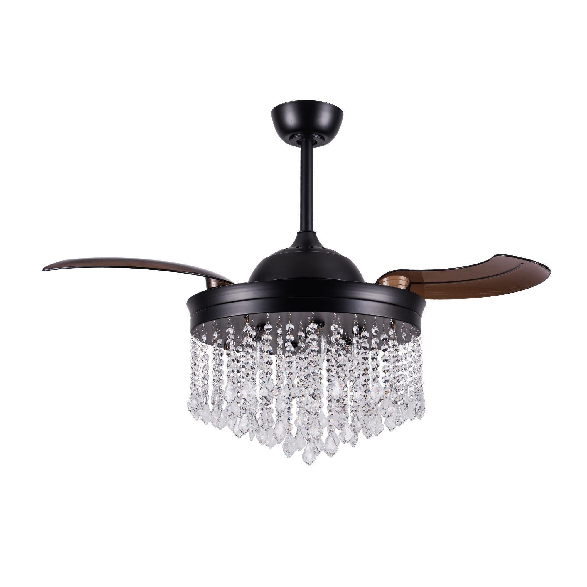 Matte black ceiling fan with crystal chandelier light and wooden-toned retractable blades