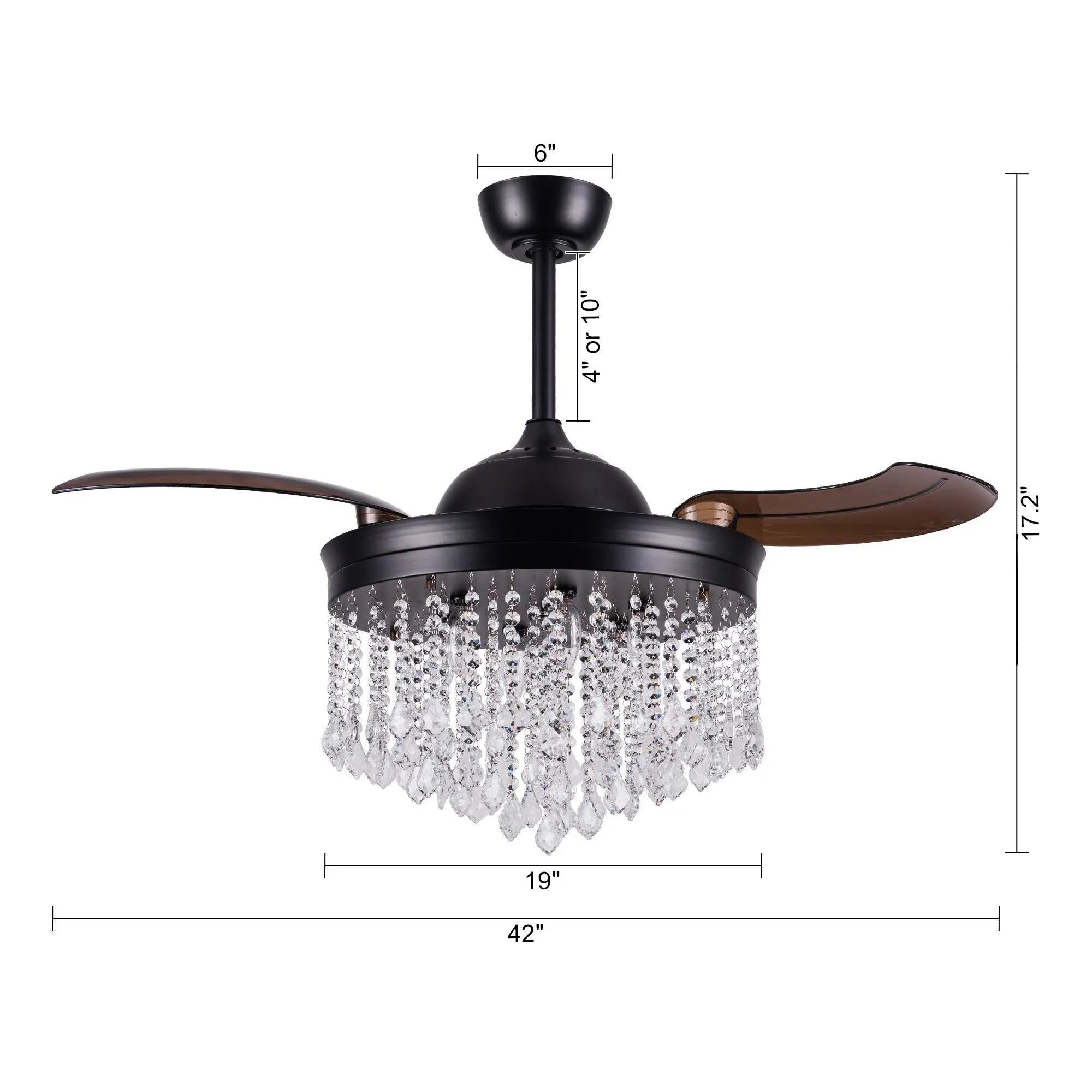 Black ceiling fan dimension diagram with crystal chandelier light and 42-inch width