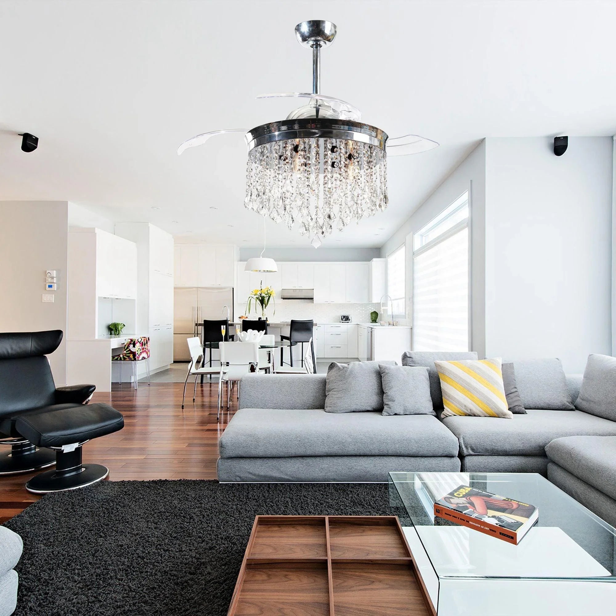 Chrome ceiling fan with crystal chandelier-style light and retractable blades