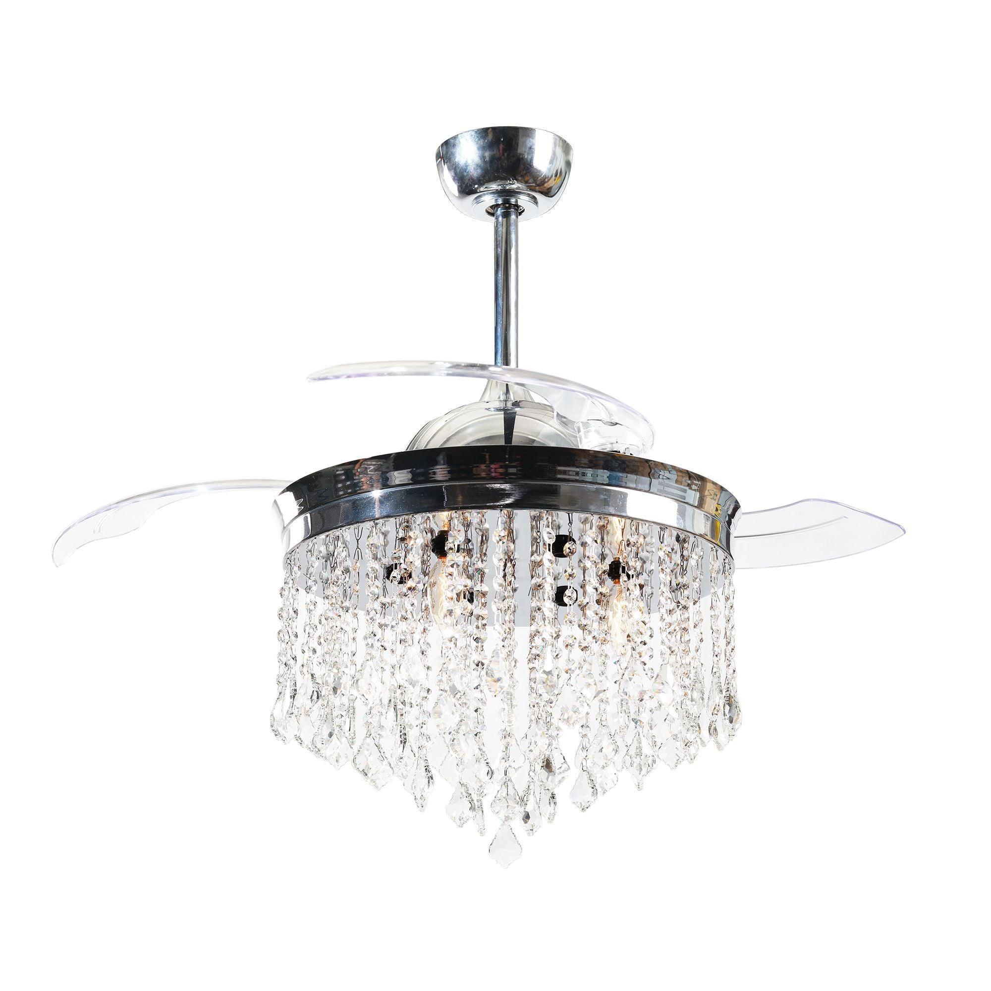 Chrome ceiling fan with crystal drum light and clear dangling prism drops