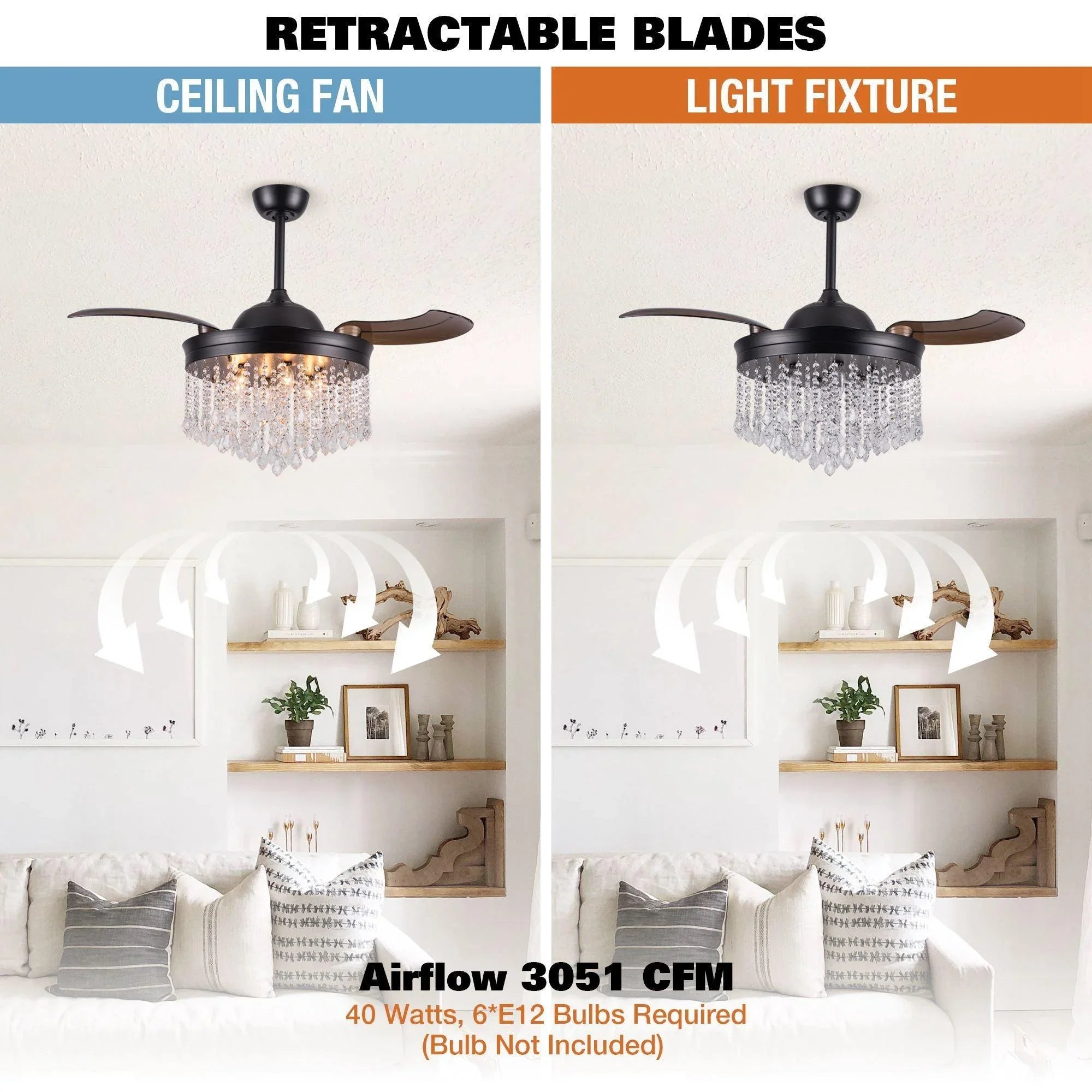 Matte black ceiling fan with crystal light fixture and retractable blades