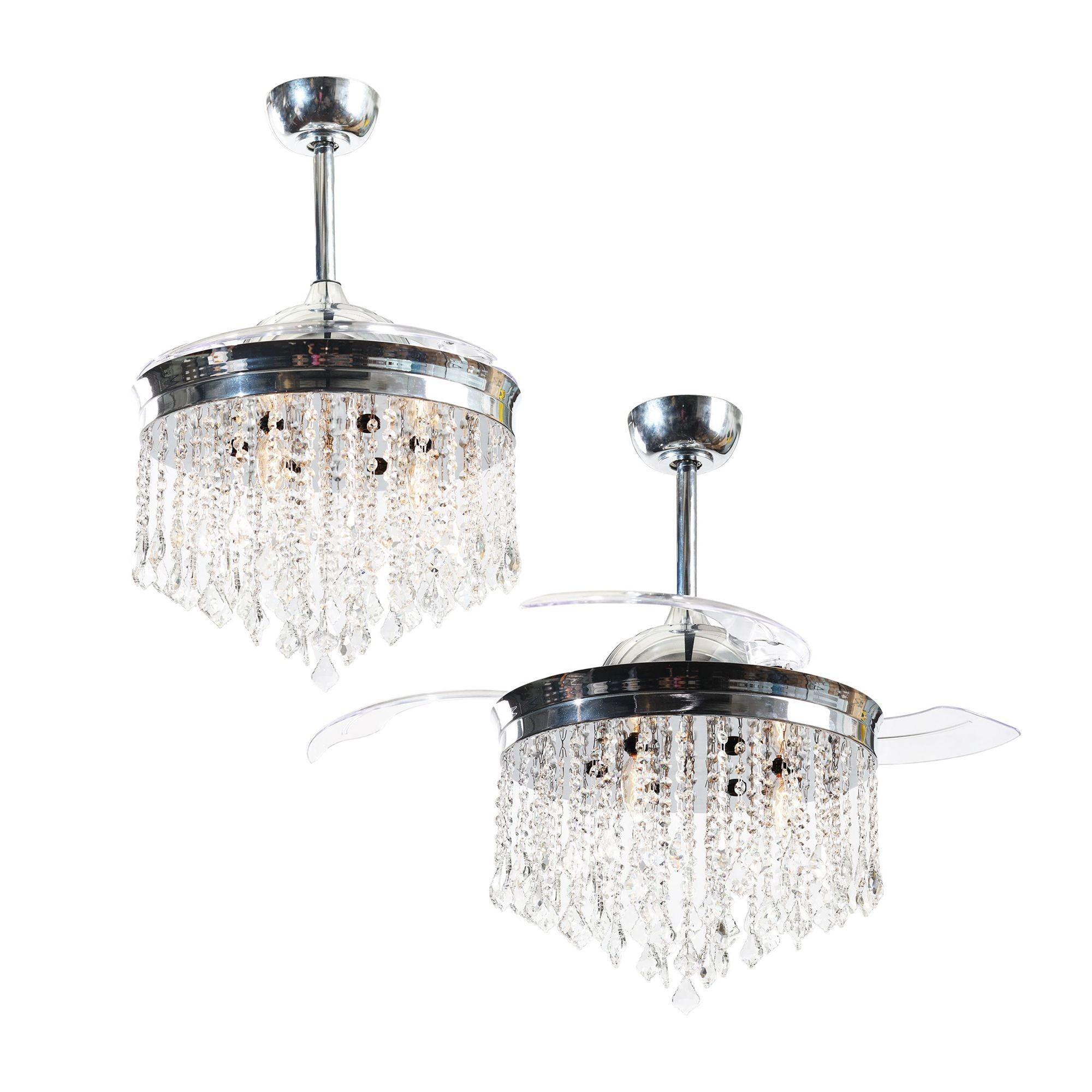 Two-view chrome ceiling fan with crystal drum light and retractable blades
