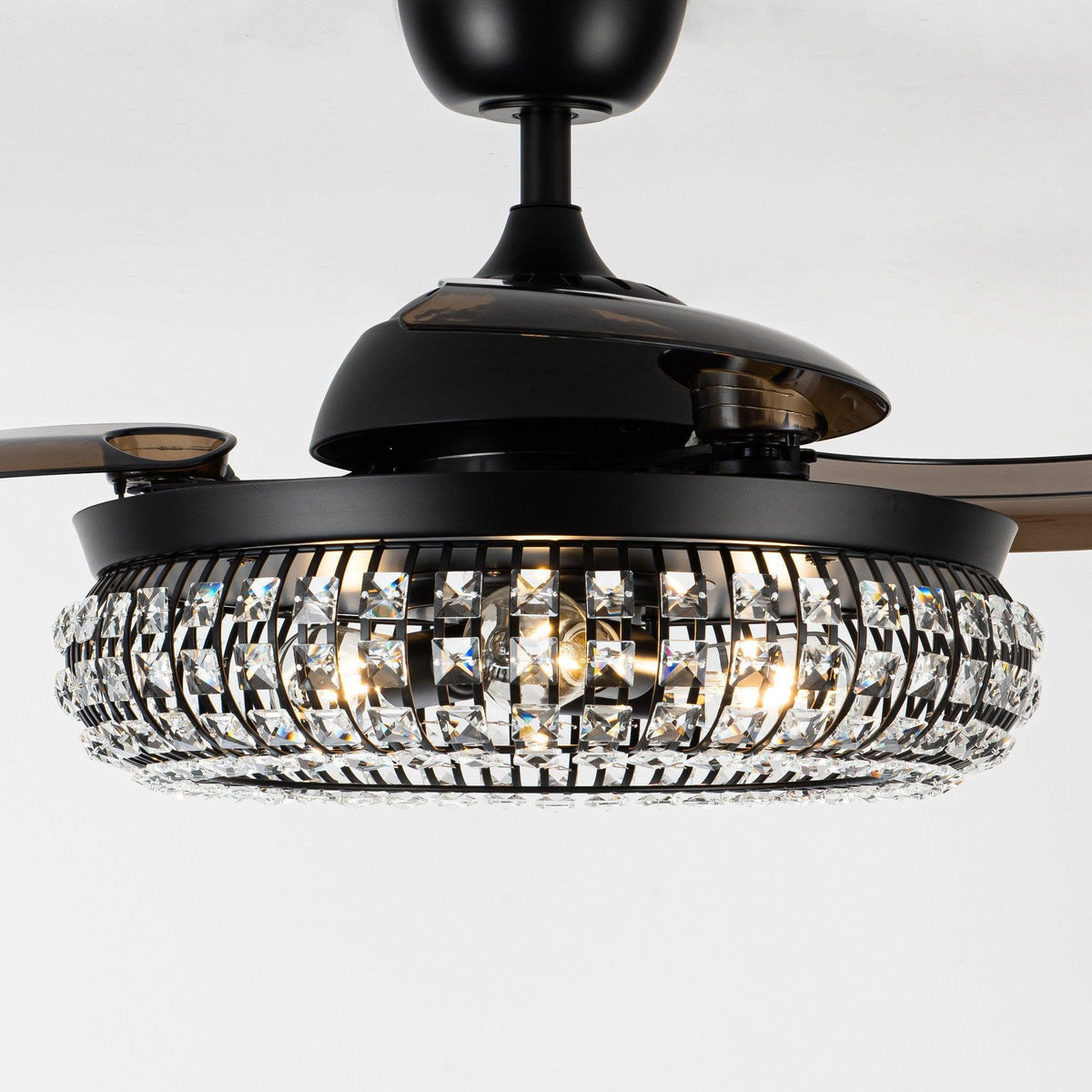 Black crystal ceiling fan with glowing light ring and fan blades