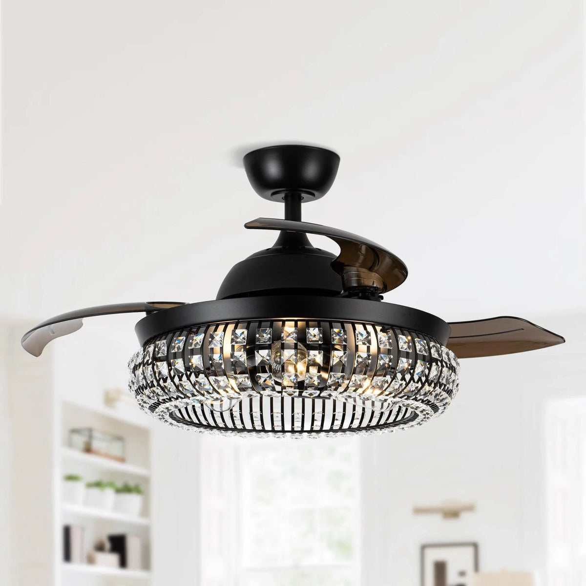 Black crystal ceiling fan light ring with shimmering faceted glass accents