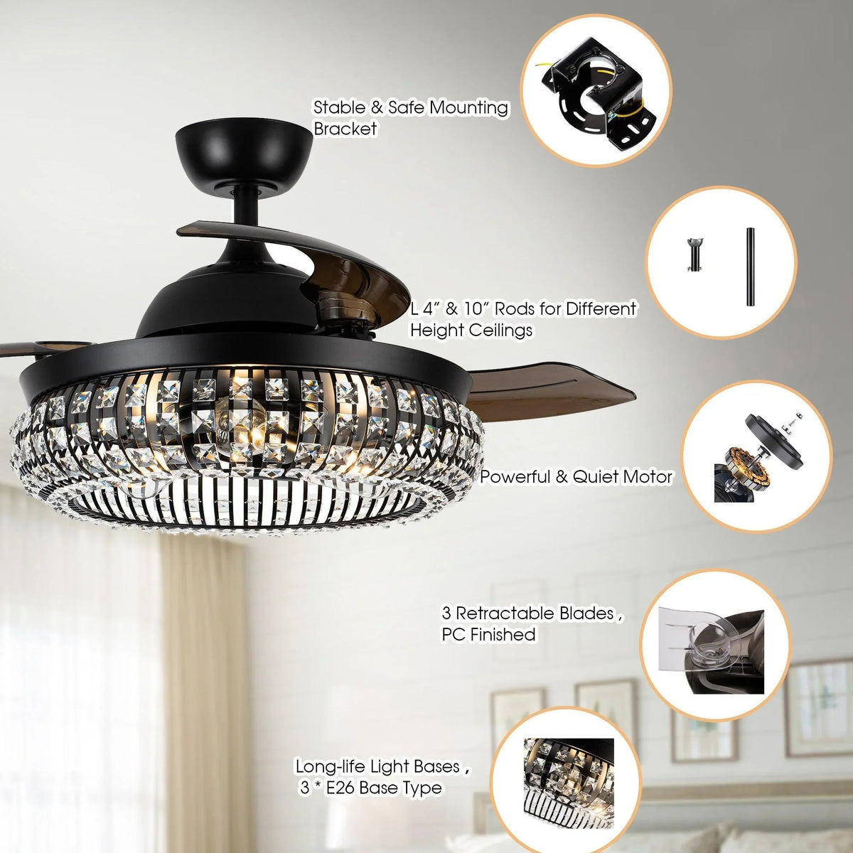 Black crystal ceiling fan with light, retractable blade profile, and base details