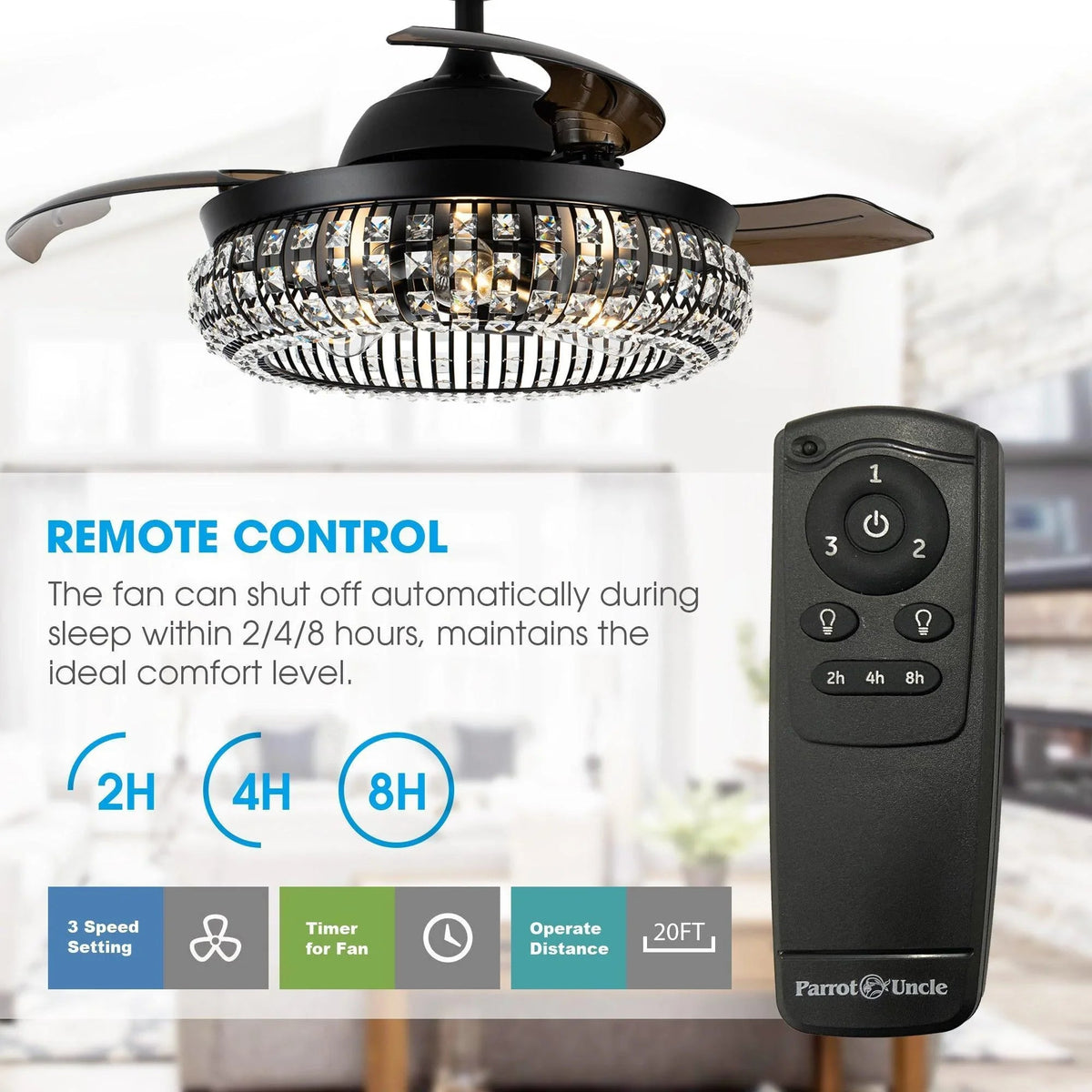 Black ceiling fan with crystal light ring and included remote control