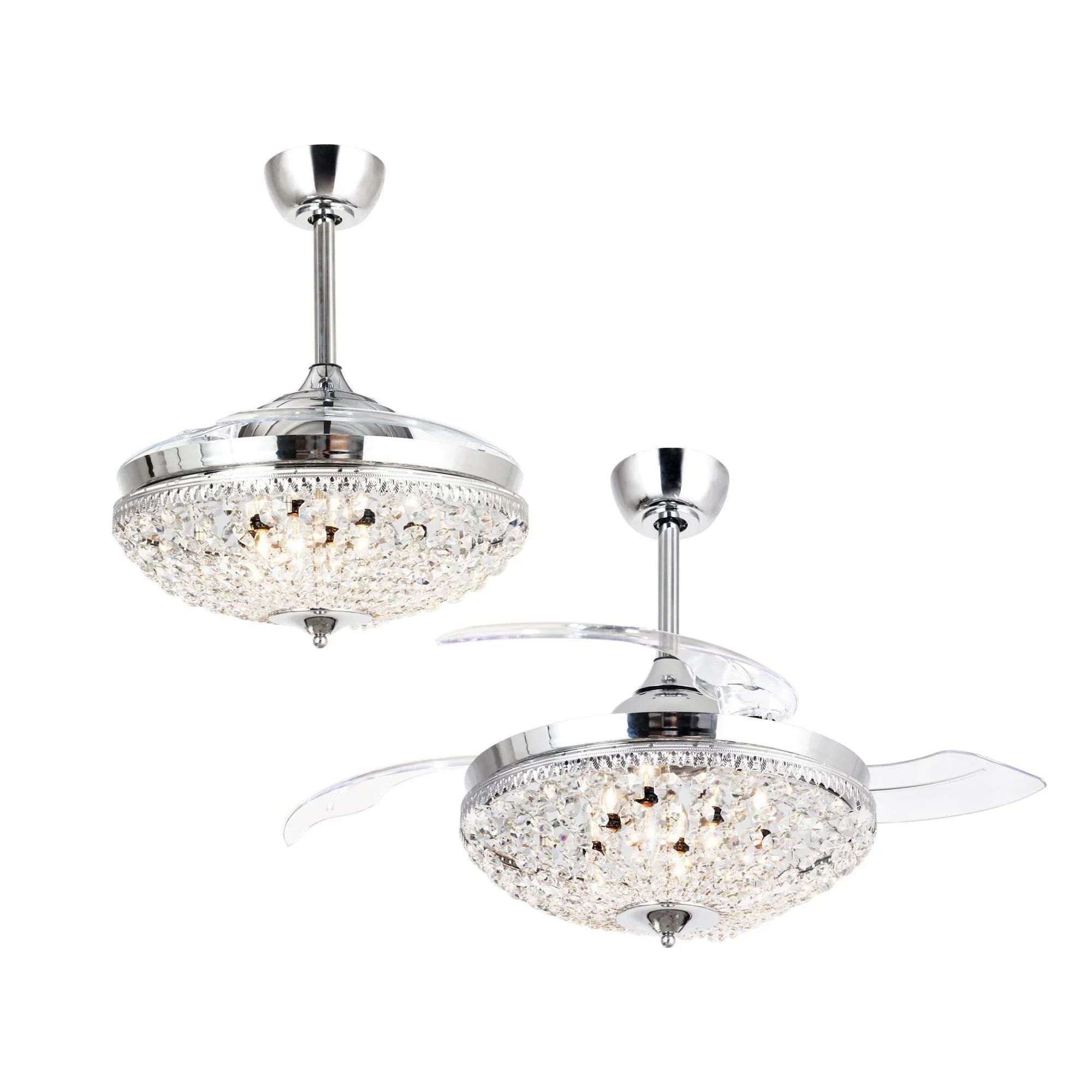 Pair view of chrome crystal ceiling fan lights showing round light and blades