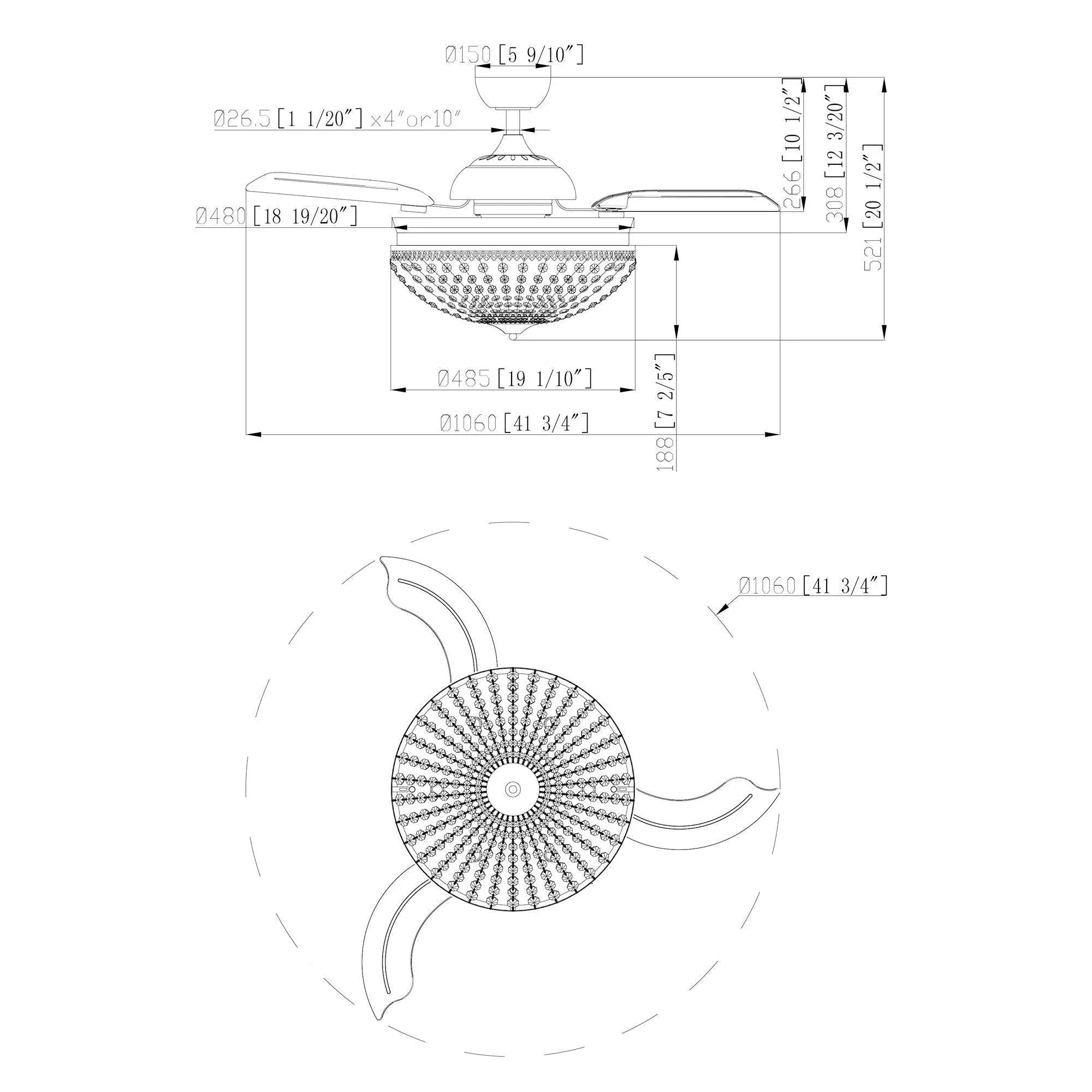 Ceiling fan installation diagram with crystal light and blade layout measurements