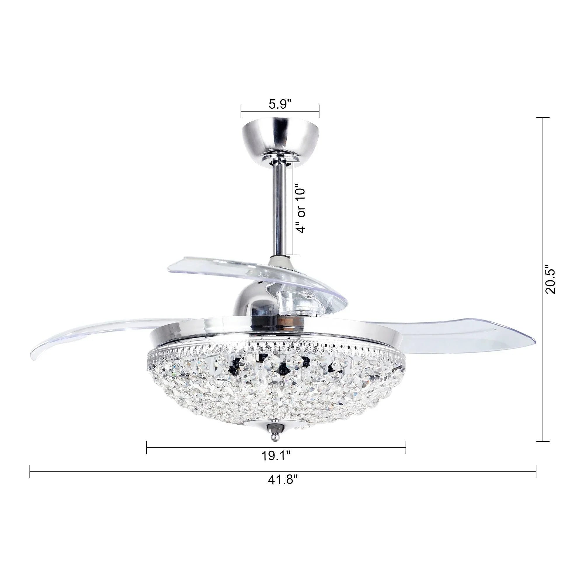 Chrome ceiling fan size diagram showing downrod, crystal light, and blade spread