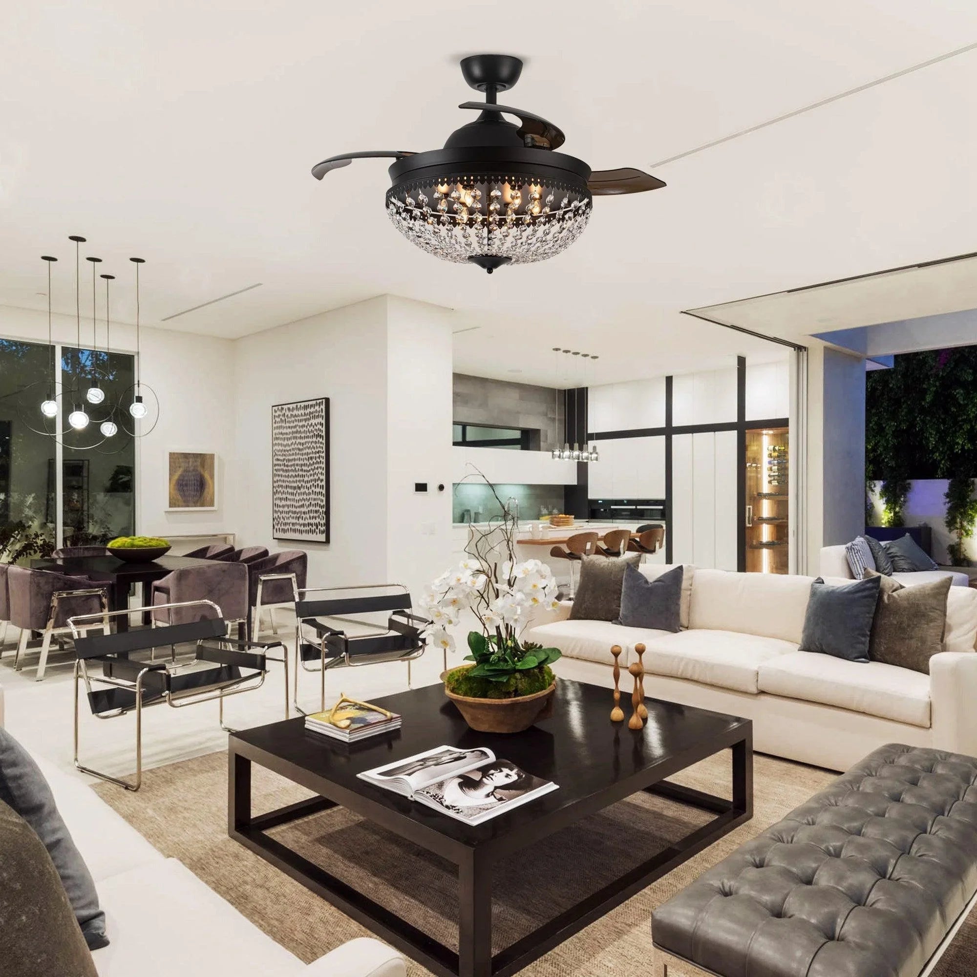 Black crystal ceiling fan with lit bulbs and three fan blades