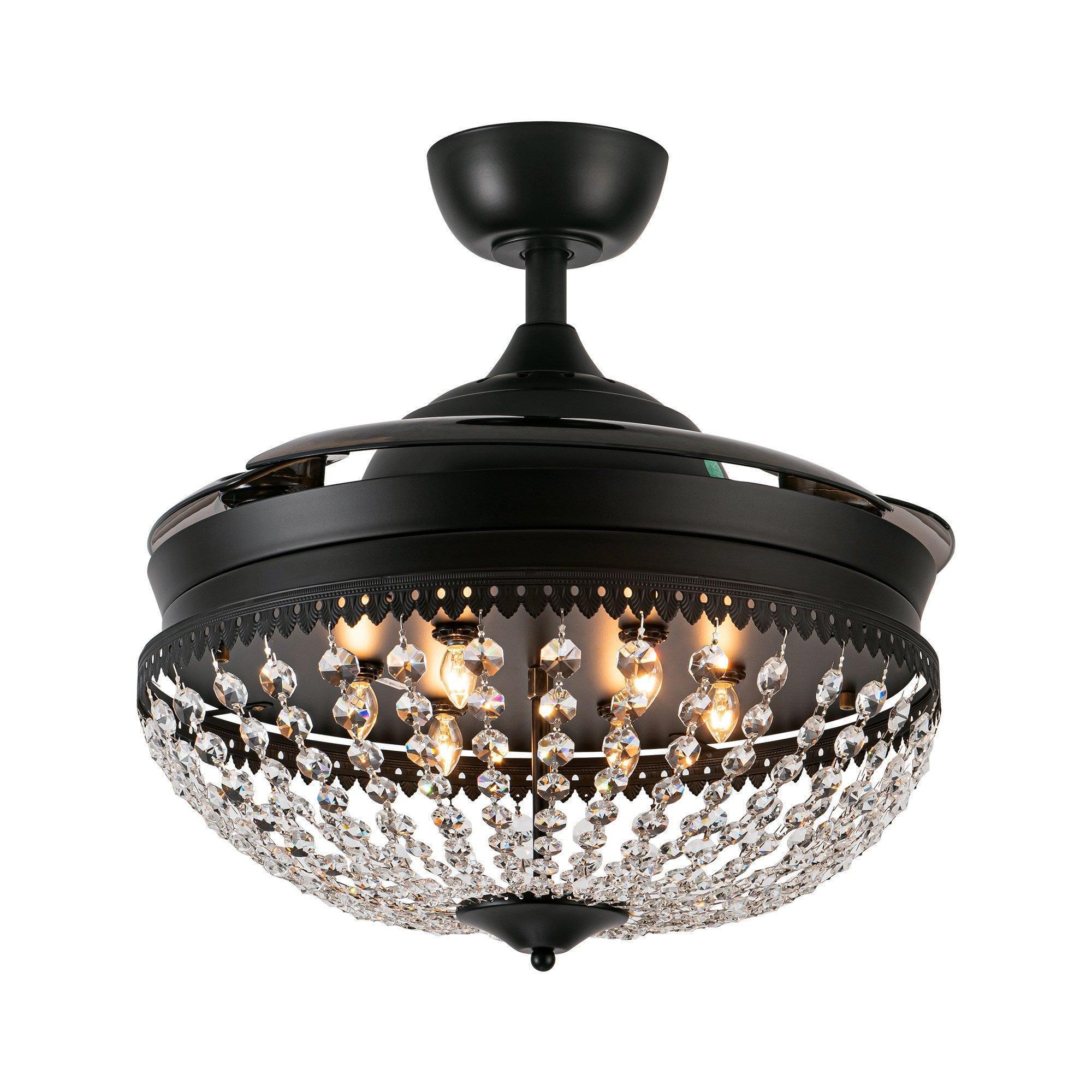 Black ceiling fan light with crystal glass ring and decorative hanging prisms
