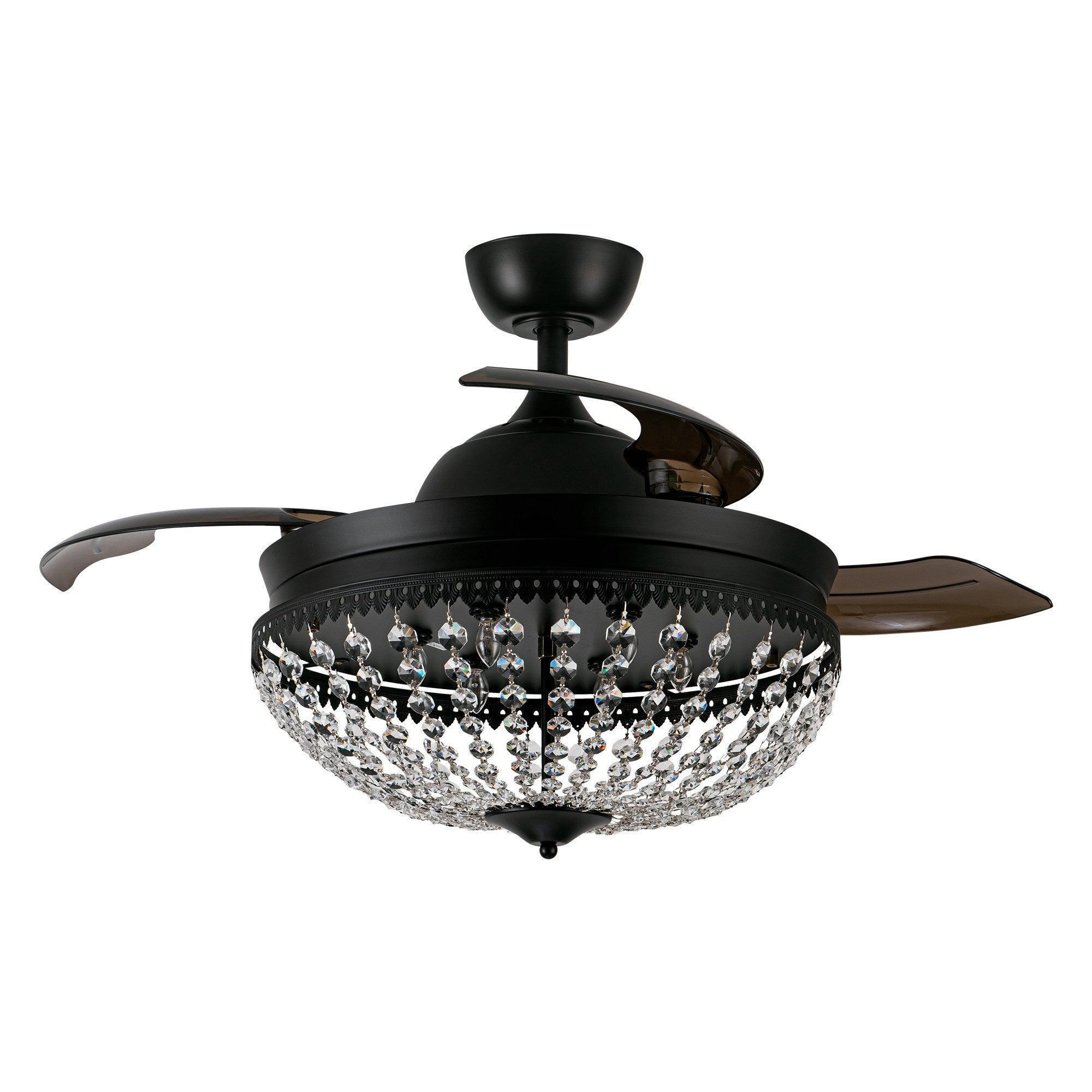 Black modern ceiling fan with crystal light fixture and angled fan blades