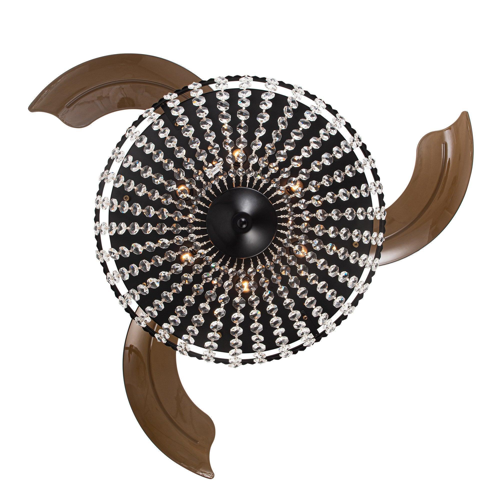 Circular crystal ceiling fan light with brown blades and clear hanging prisms