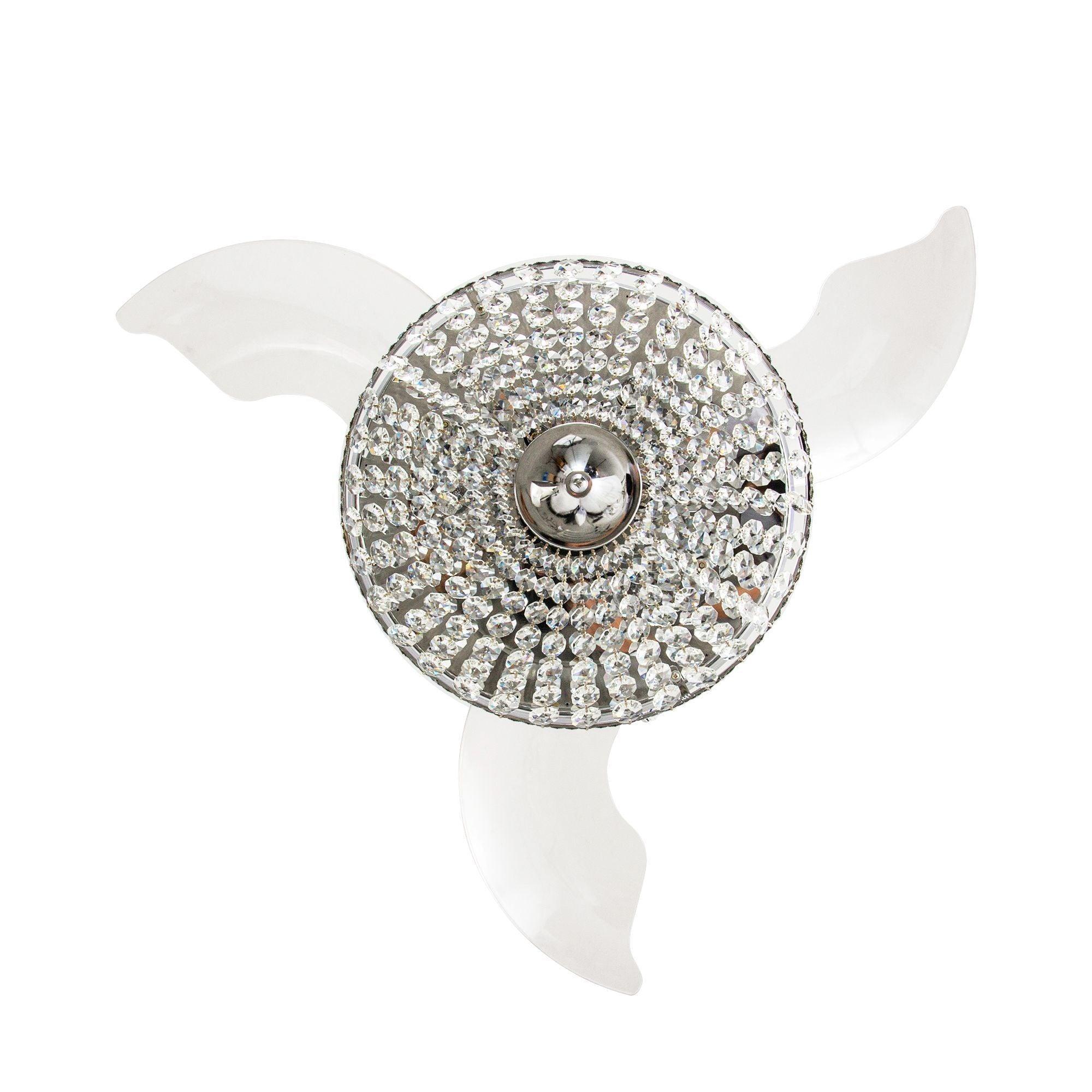 Close-up of chrome crystal ceiling fan light with retractable clear blade