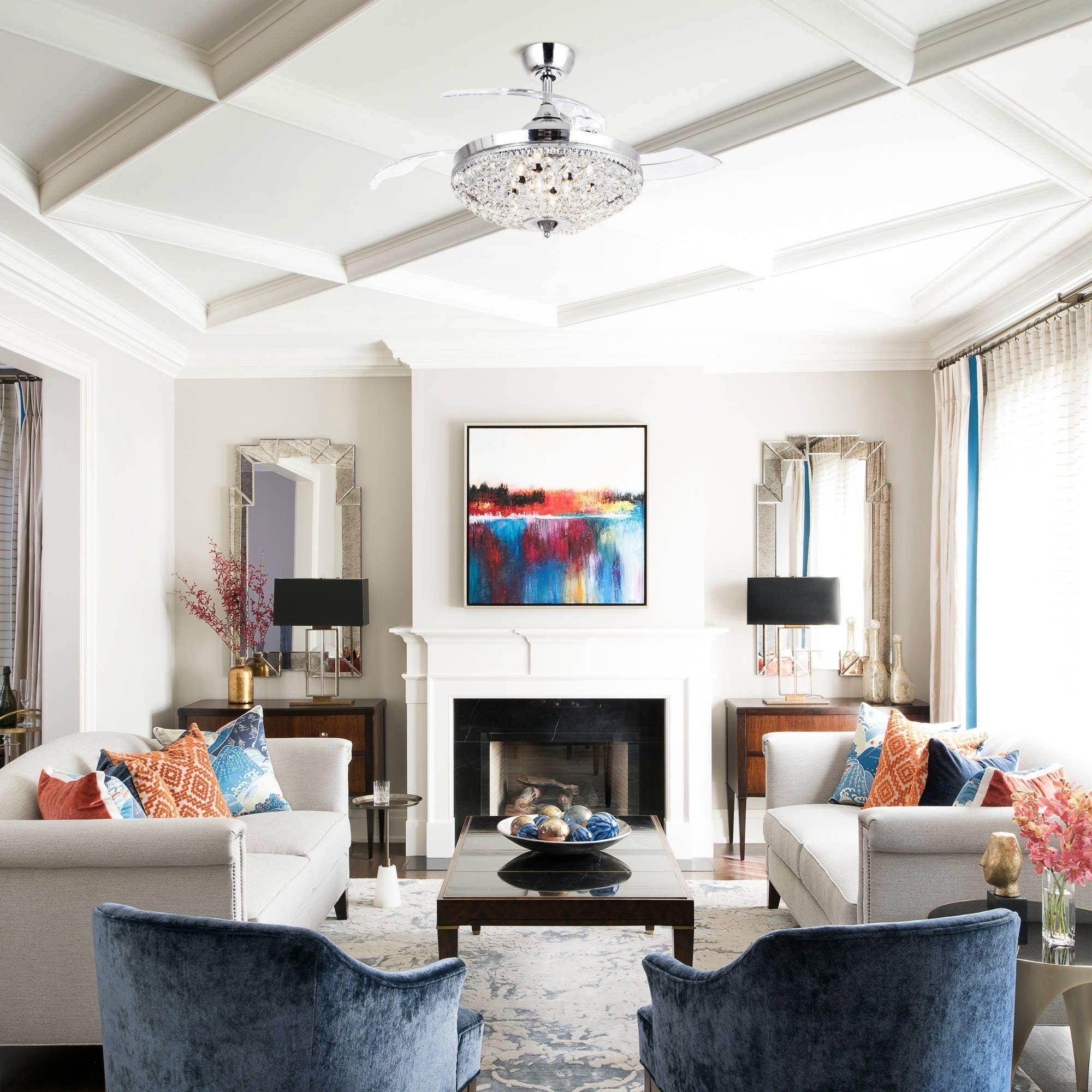Chrome modern ceiling fan with crystal light fixture and clear sparkling glass accents