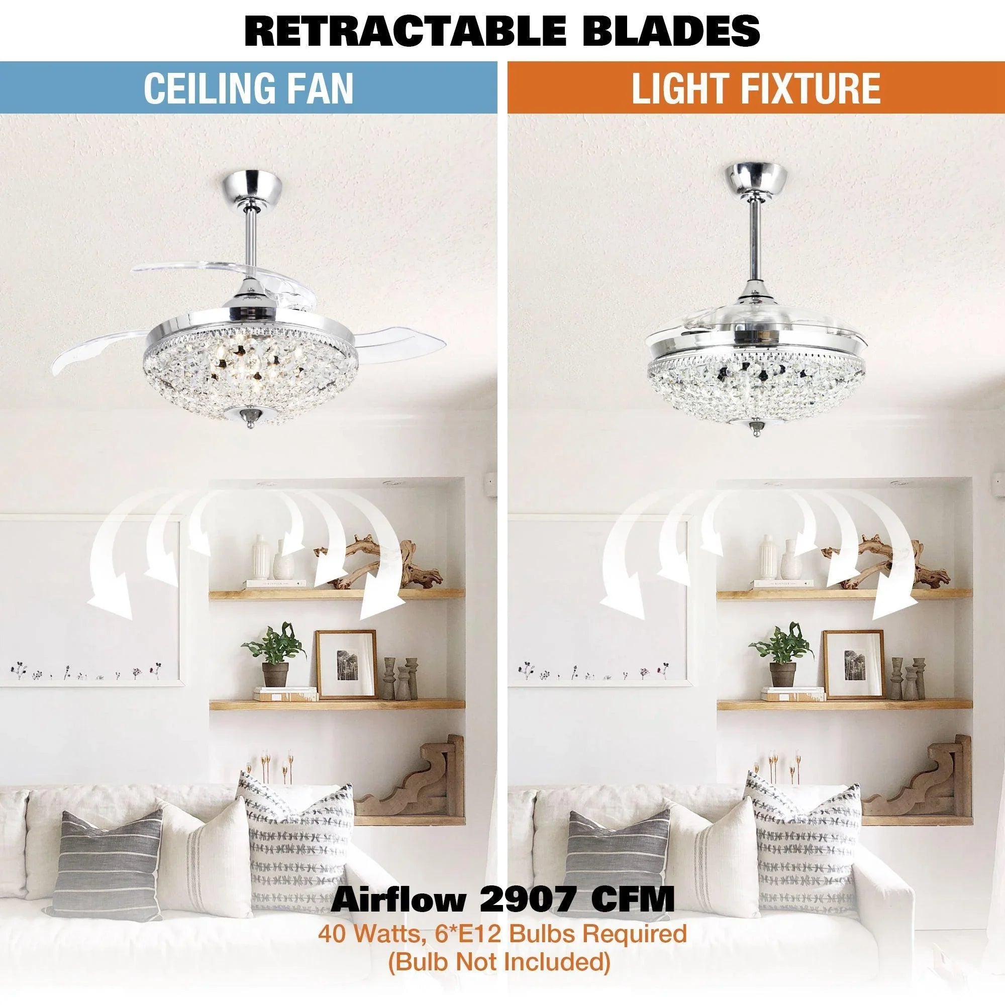 Retractable-blade ceiling fan with crystal light fixture and chrome mount