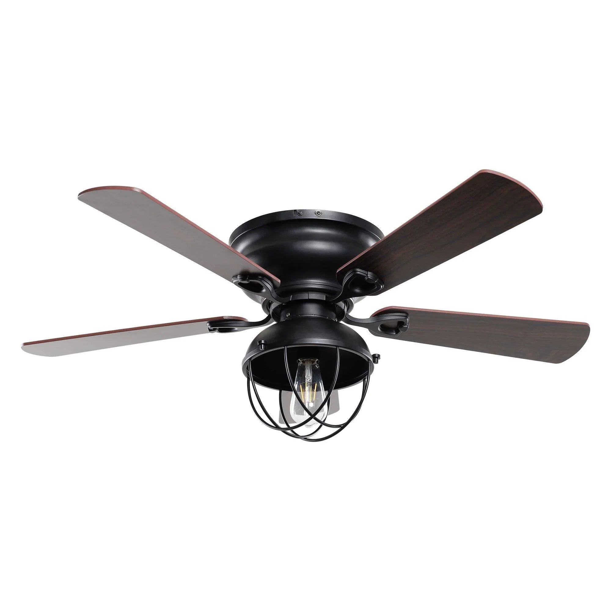 Black flush-mount ceiling fan with dark wood reversible blades and lantern-style light