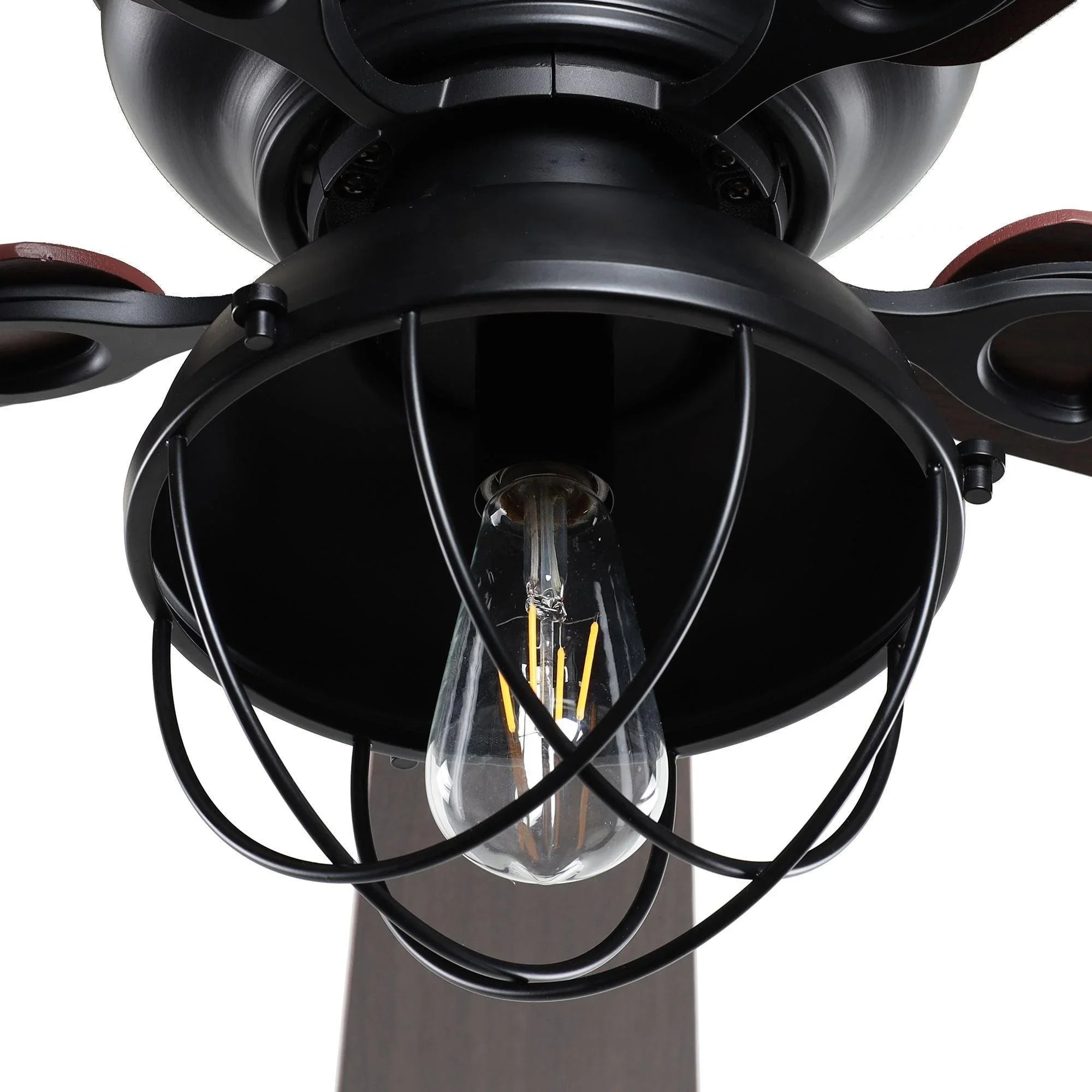 Lantern light fixture on black ceiling fan with dark wiring and glass globe
