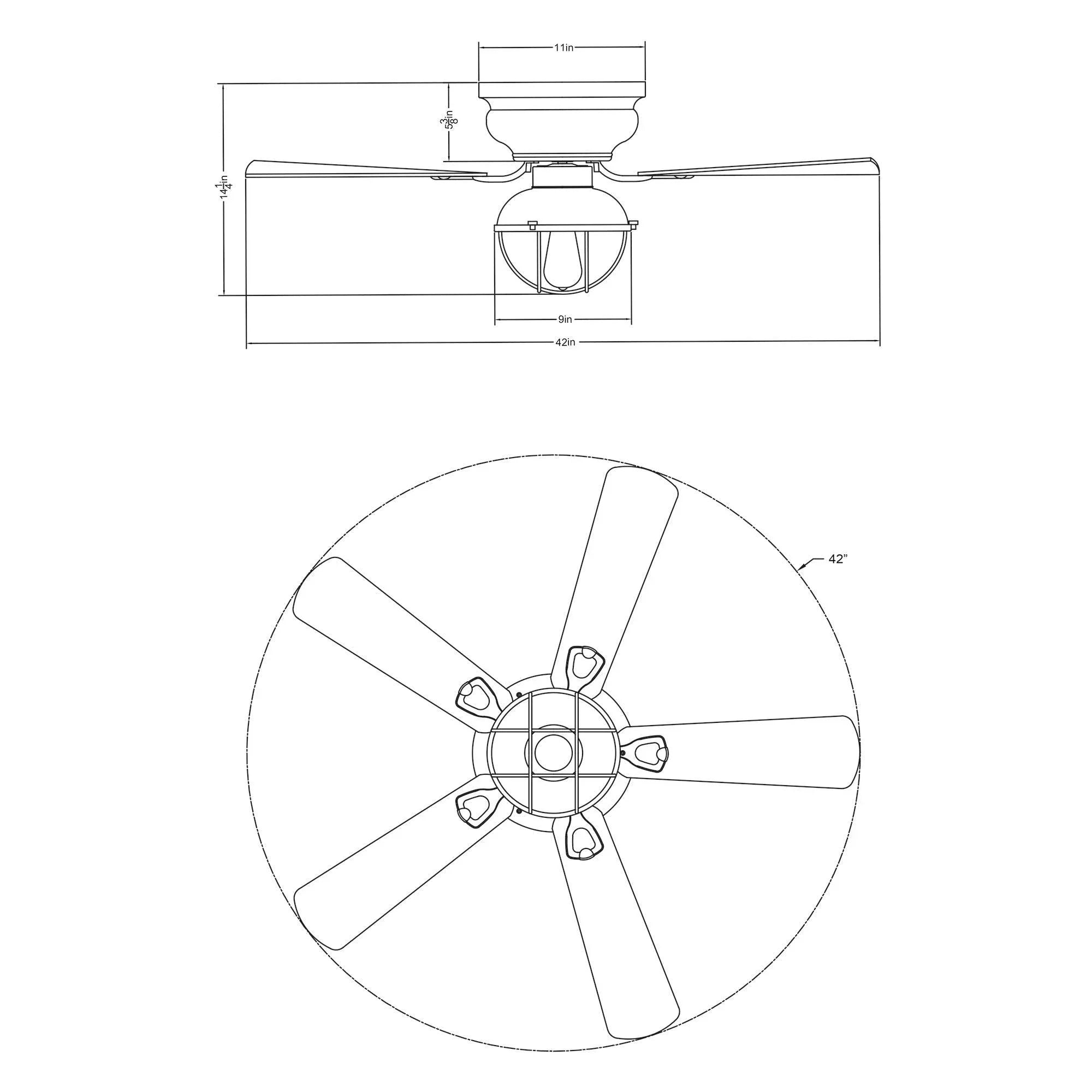 Ceiling fan line drawing showing overall dimensions and blade span