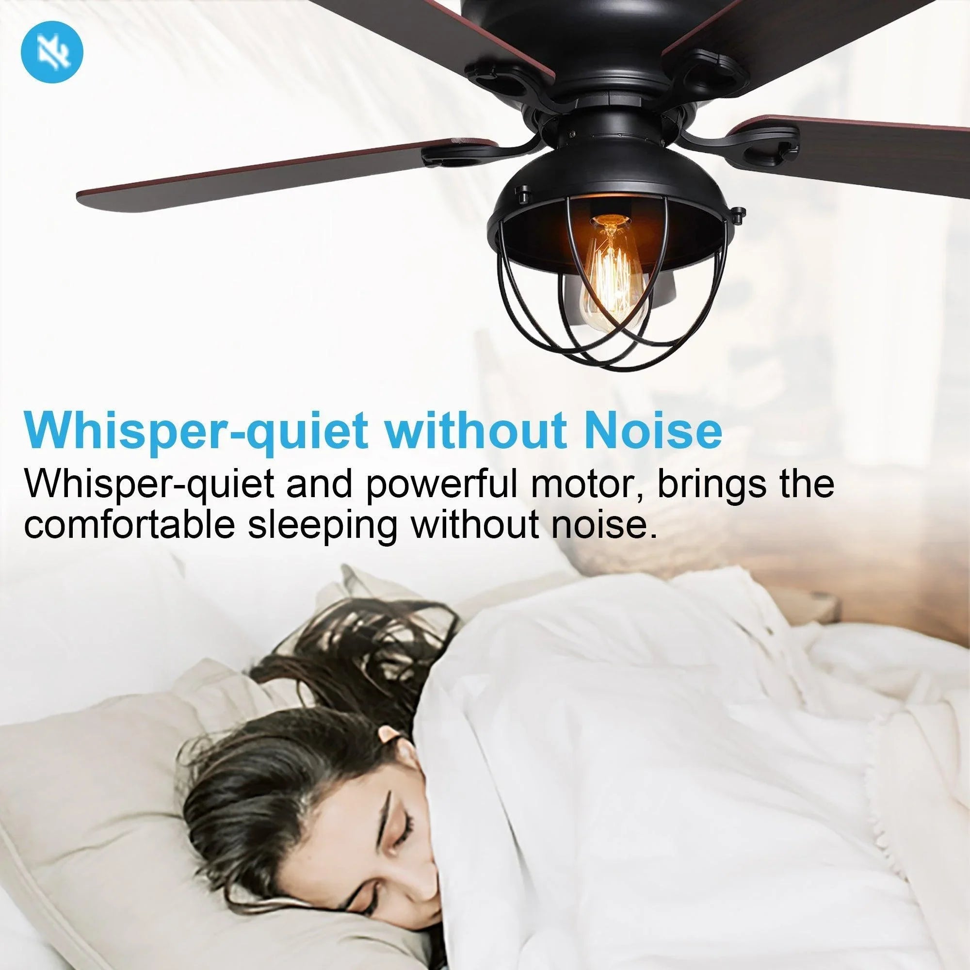 Black ceiling fan with dark wood reversible blades and lantern light