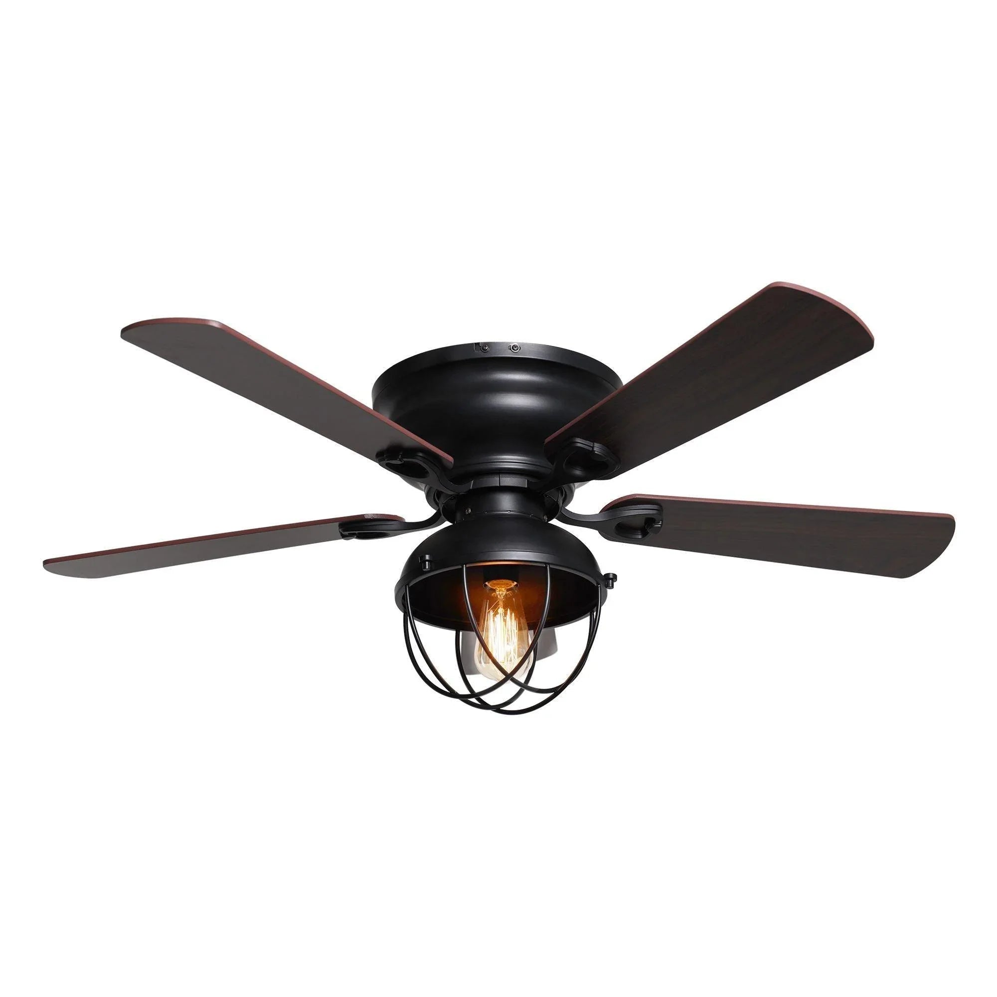 Black ceiling fan with dark wood reversible blades and lantern-style light