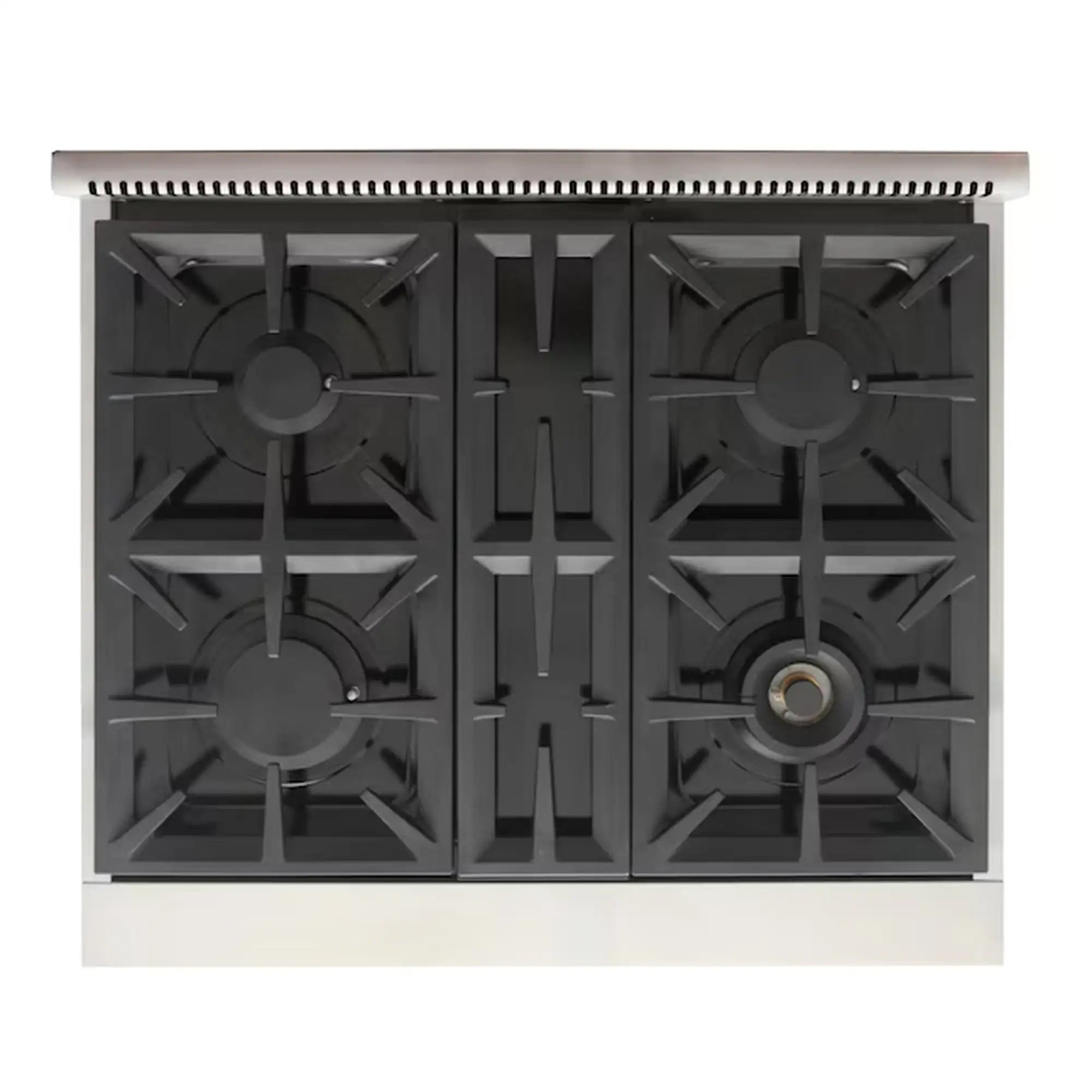 Light blue gas range cooktop with four burners and black cast-iron grates